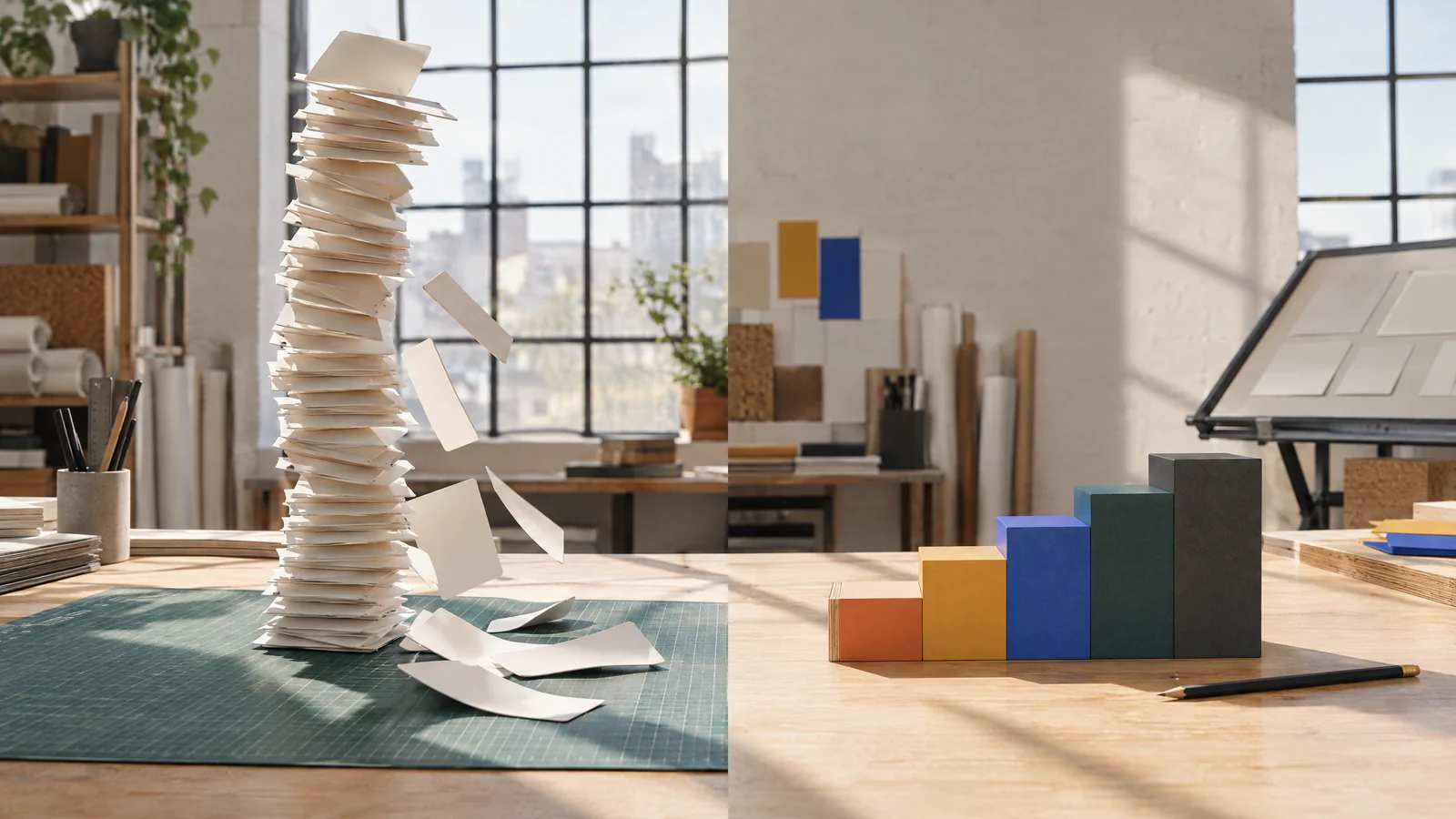 Numa mesa do ateliê, uma torre de telas de papel desaba à esquerda, e à direita blocos coloridos formam uma escadinha firme.