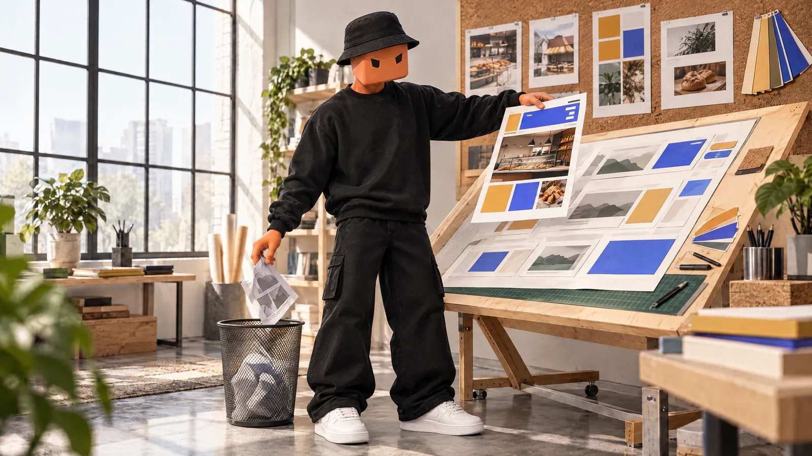 No ateliê, o Claudinho ergue uma maquete de site colorida e joga uma maquete cinza amassada no lixo.