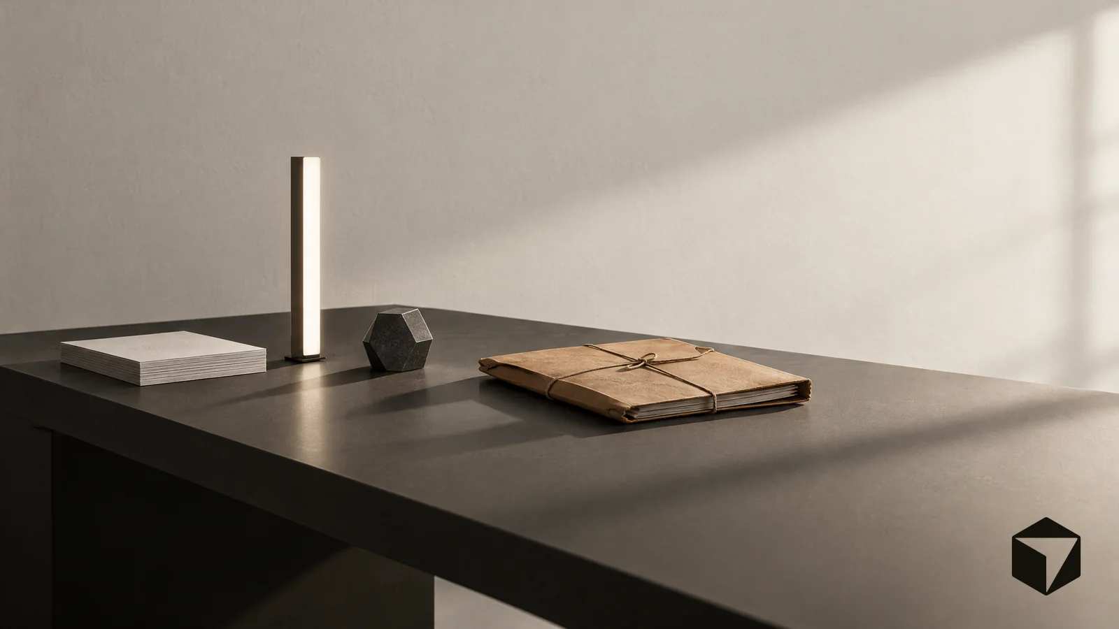 A mesa grafite do Cursor, com uma barra de luz em pé como um cursor gigante, e em cima dela a pasta parda com as instruções do cliente.