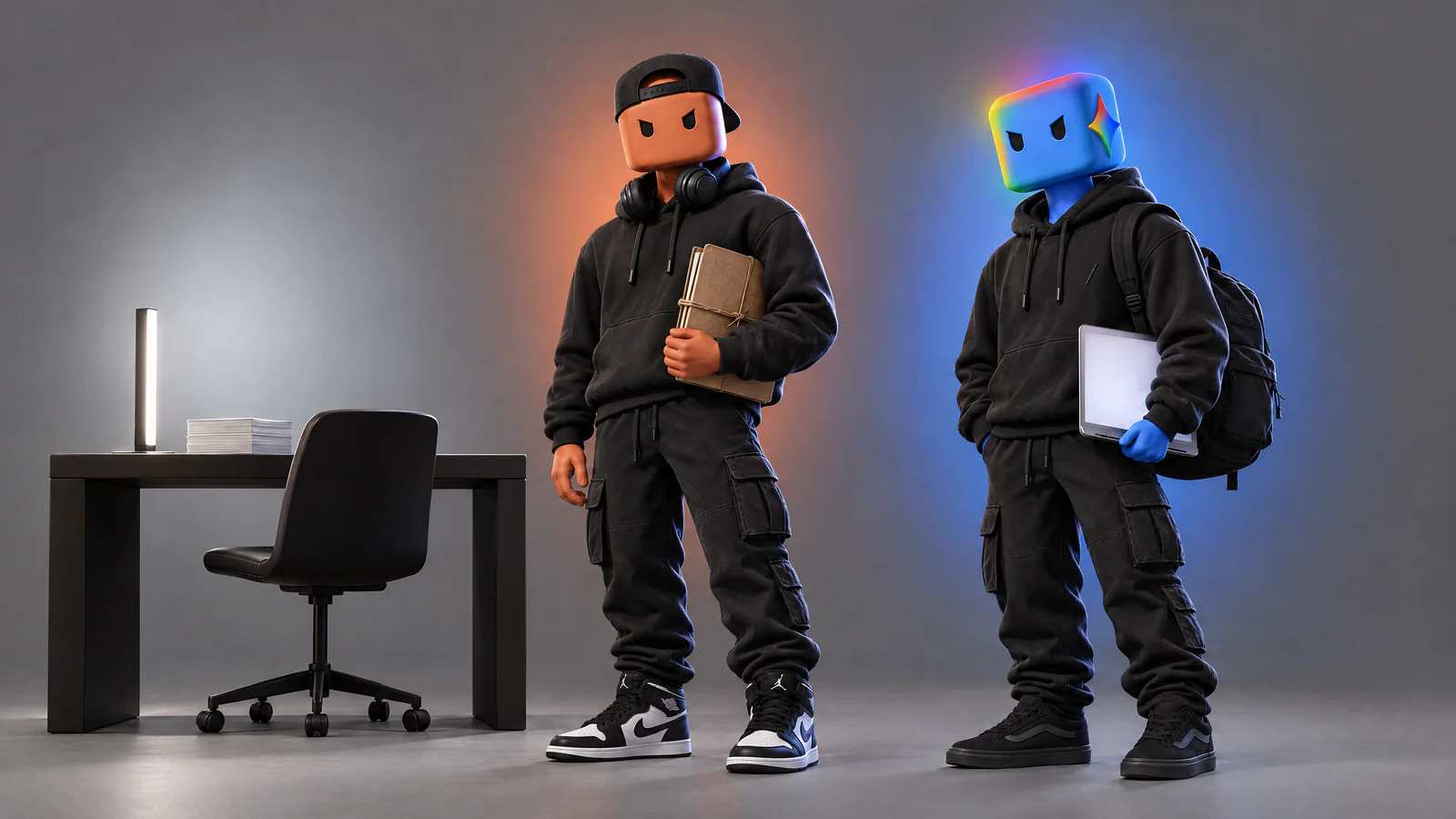 A bancada grafite do Cursor, com a cadeira vazia, ao lado dos personagens do Claude Code e do Antigravity, do mesmo tamanho.