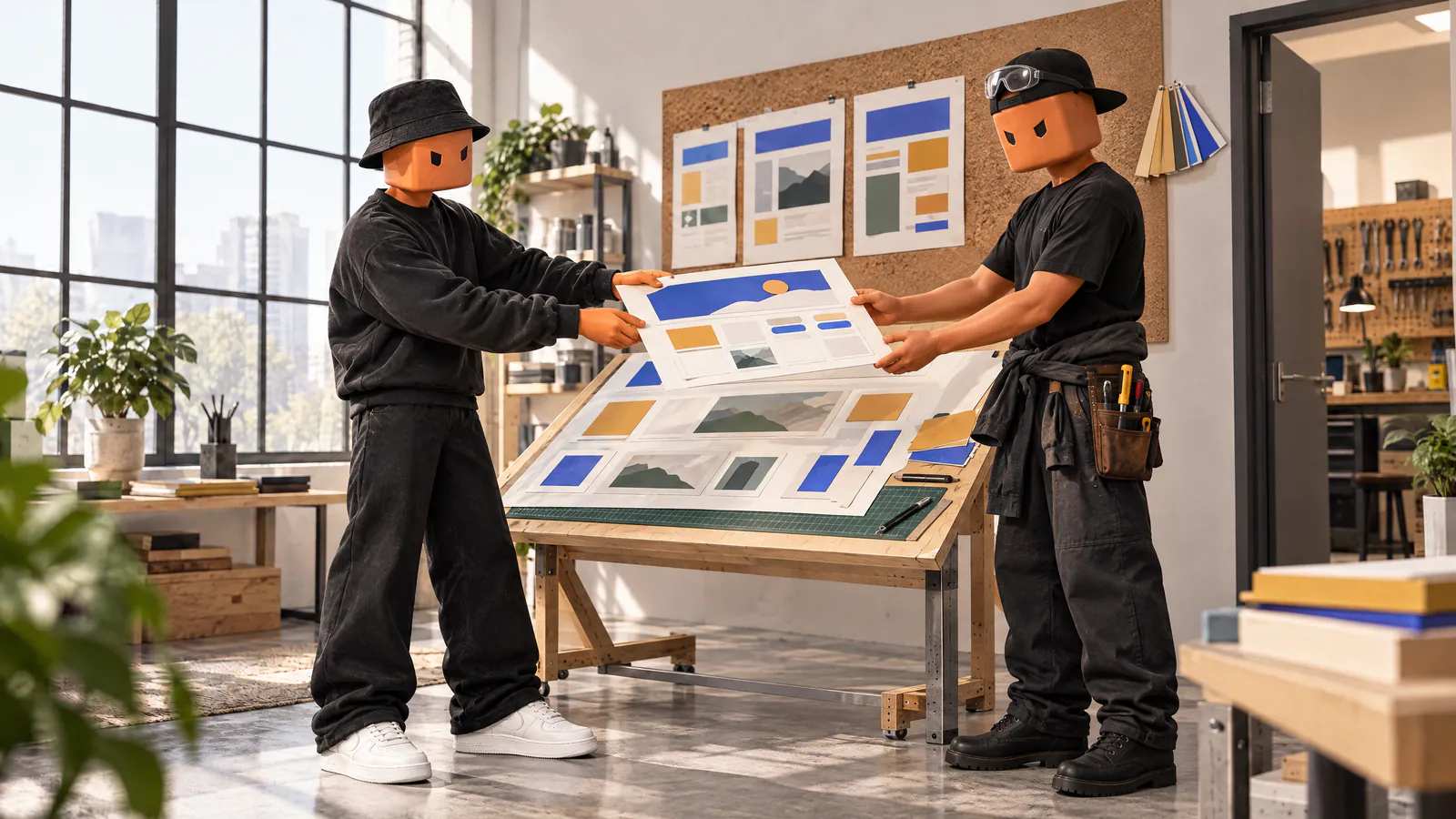 O Claudinho de diretor de arte entrega uma maquete de site em papel ao Claudinho de macacão, do outro lado da prancheta.