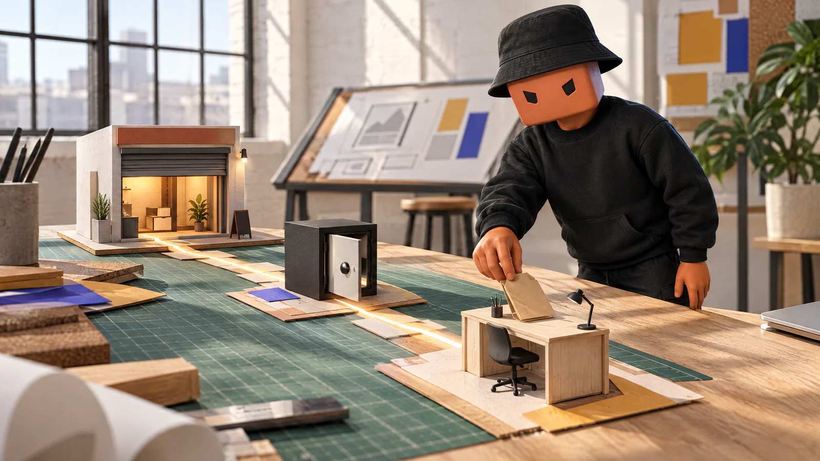 Numa maquete do ateliê, o Claudinho põe a pasta no começo de um caminho de luz que passa por um cofre e acende uma lojinha.