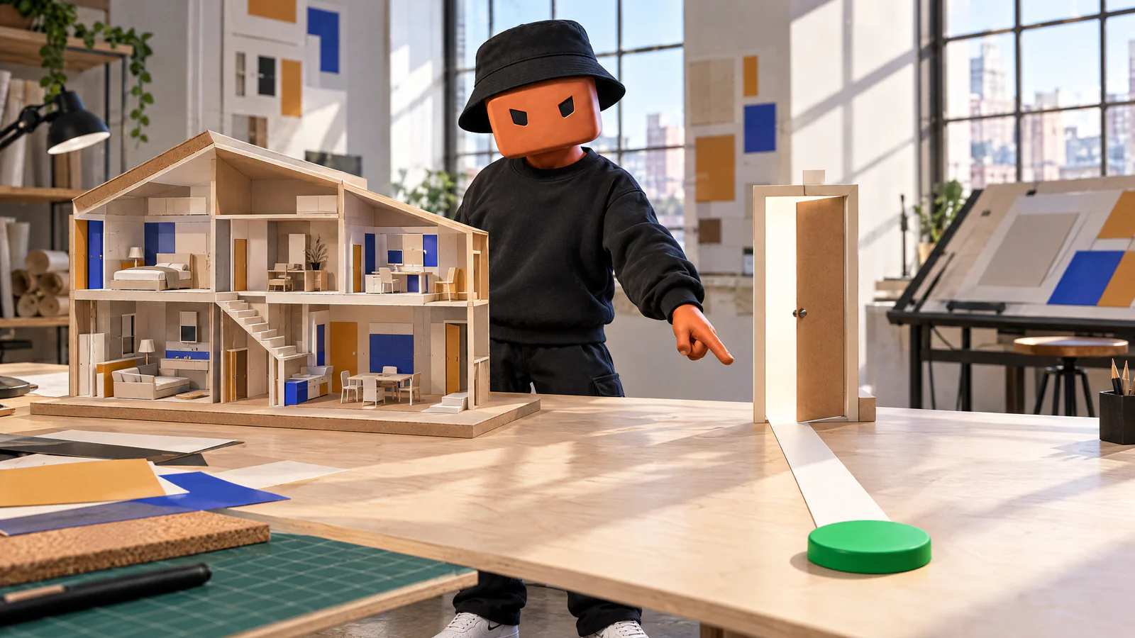 Uma maquete de casa de papel com muitos cômodos ao lado de uma porta só, com um caminho reto até um botão verde; o personagem aponta o caminho.