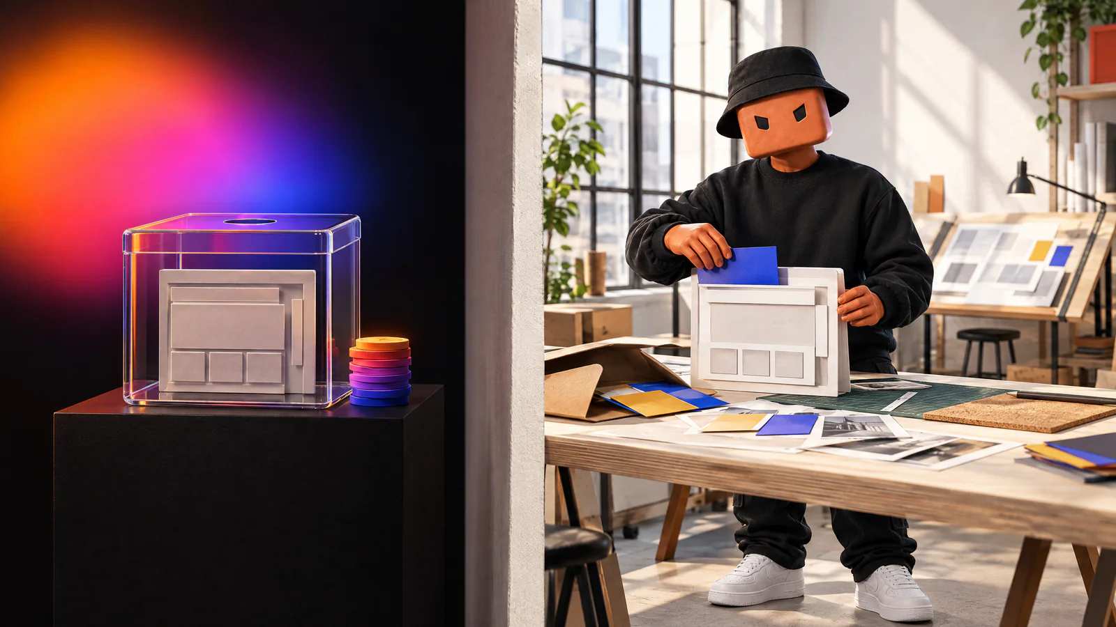 À esquerda, um site de papel trancado numa caixa de vidro com fenda de moeda; à direita, o Claudinho monta o mesmo site solto no ateliê.