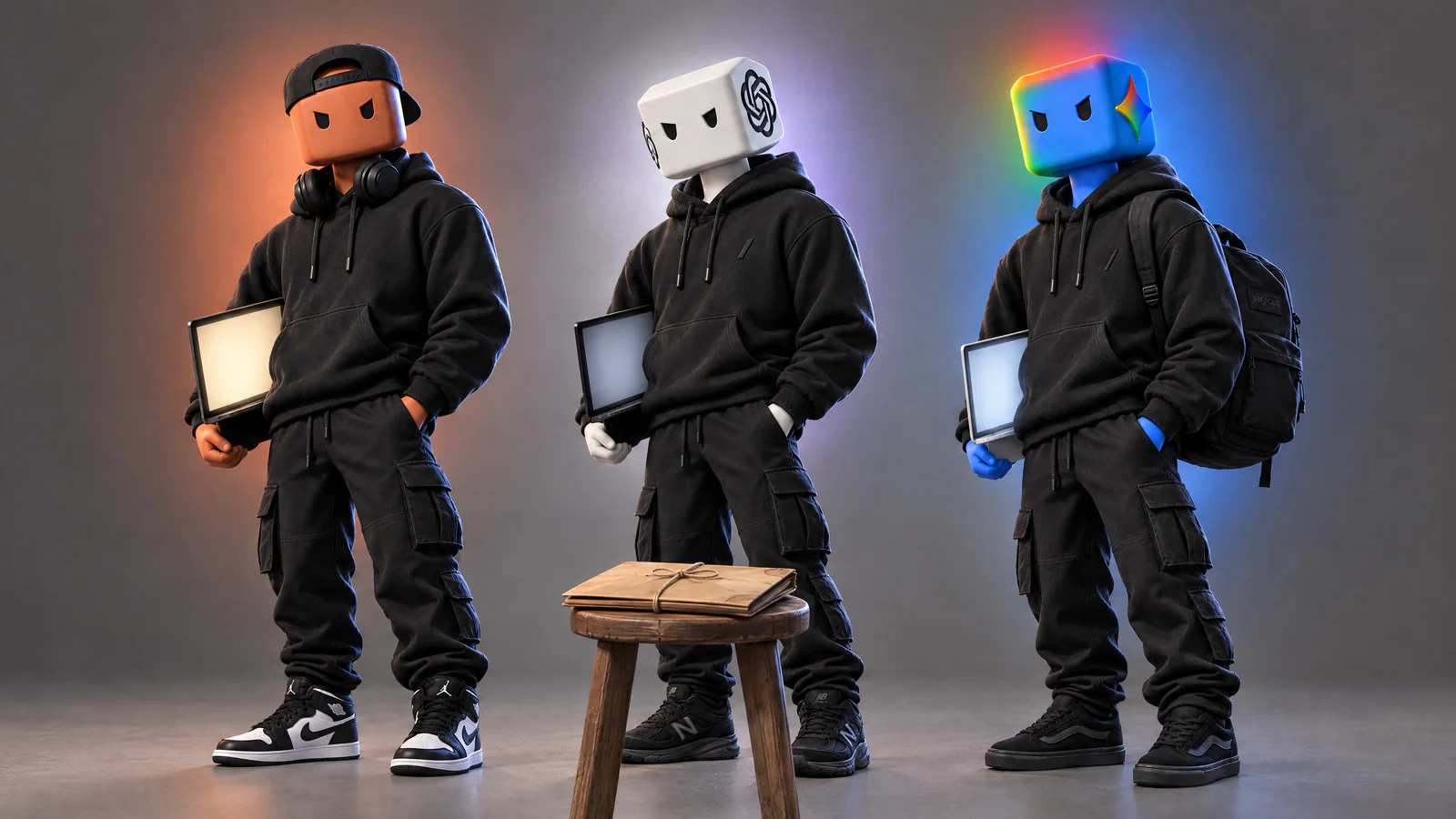 Os personagens do Claude Code, do Codex e do Antigravity lado a lado, cada um com o seu notebook, e a mesma pasta parda num banquinho.