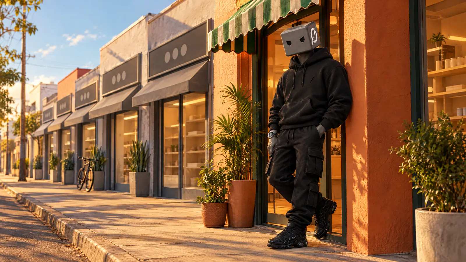 Numa rua de fachadas cinza iguais, um personagem de cabeça em cubo cinza se encosta na única loja pintada nas cores dela.
