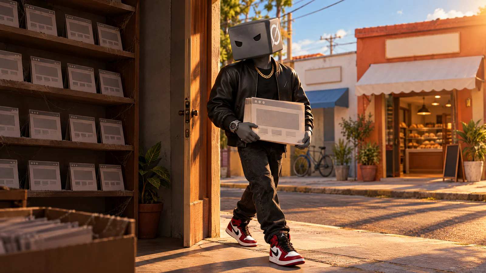 O personagem do Grok sai de um quartinho de maquetes de site empoeiradas levando uma delas até a padaria do outro lado da rua.