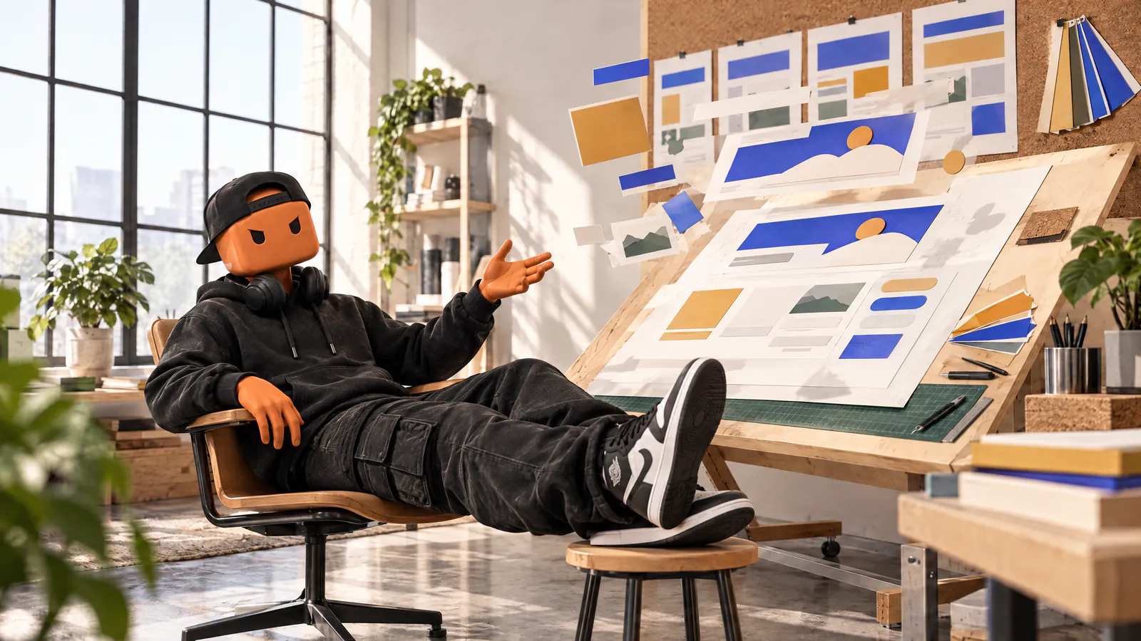 O Claudinho de fone, recostado com os pés pra cima, gesticula enquanto uma maquete de site de papel se monta sozinha na prancheta.
