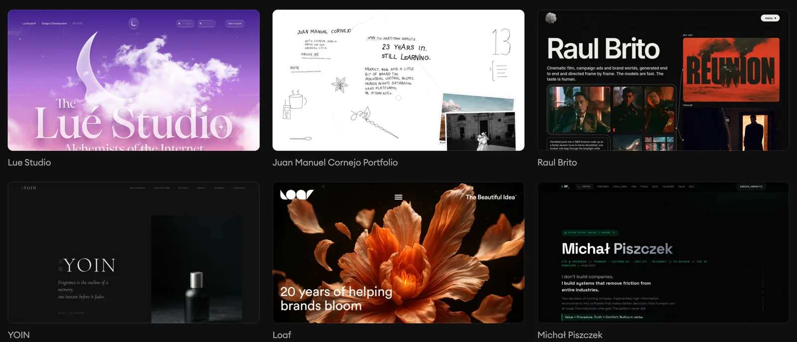 Seis cartões da galeria curated.design, cada um com a primeira tela de um site de verdade e o nome embaixo: Lue Studio, Juan Manuel Cornejo Portfolio, Raul Brito, YOIN, Loaf e Michał Piszczek