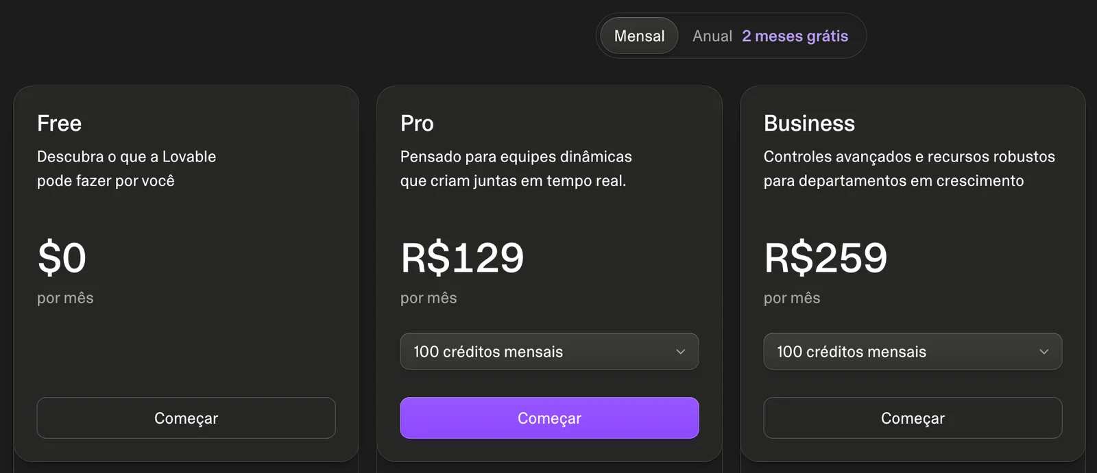 A página de preços do Lovable vista do Brasil, no plano mensal: o Free a $0, o Pro a R$ 129 por mês com 100 créditos mensais e o Business a R$ 259 por mês com 100 créditos mensais.