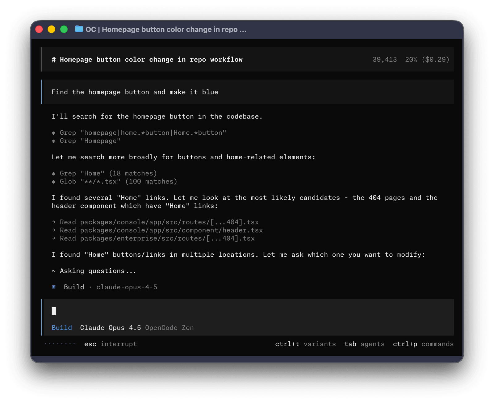 O OpenCode aberto no terminal em tela cheia: o pedido Find the homepage button and make it blue, o agente procurando o botão nos arquivos, lendo três deles e perguntando qual mudar; embaixo, a caixa do próximo pedido, no modo Build, com o modelo escolhido