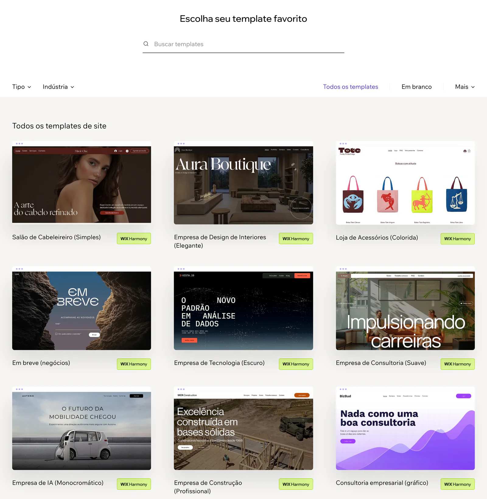 A galeria de templates do Wix em português, Escolha seu template favorito: modelos prontos de salão de cabeleireiro, design de interiores, loja de acessórios, empresa de tecnologia, consultoria, construção e consultoria empresarial, cada um com a etiqueta Wix Harmony.
