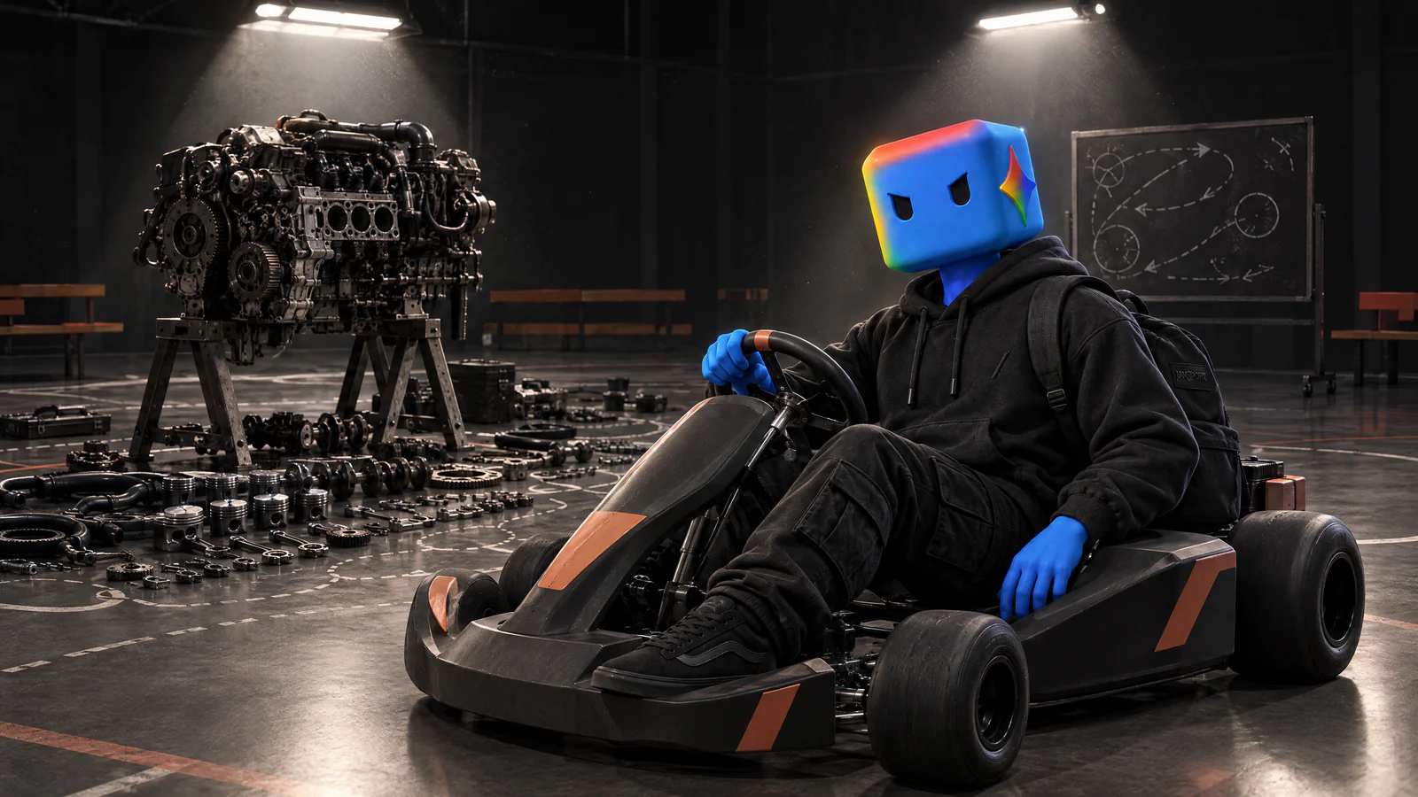 Na quadra à noite, um motor gigante desmontado em peças pelo chão e, ao lado, o personagem do Gemini ao volante de um kart pronto.