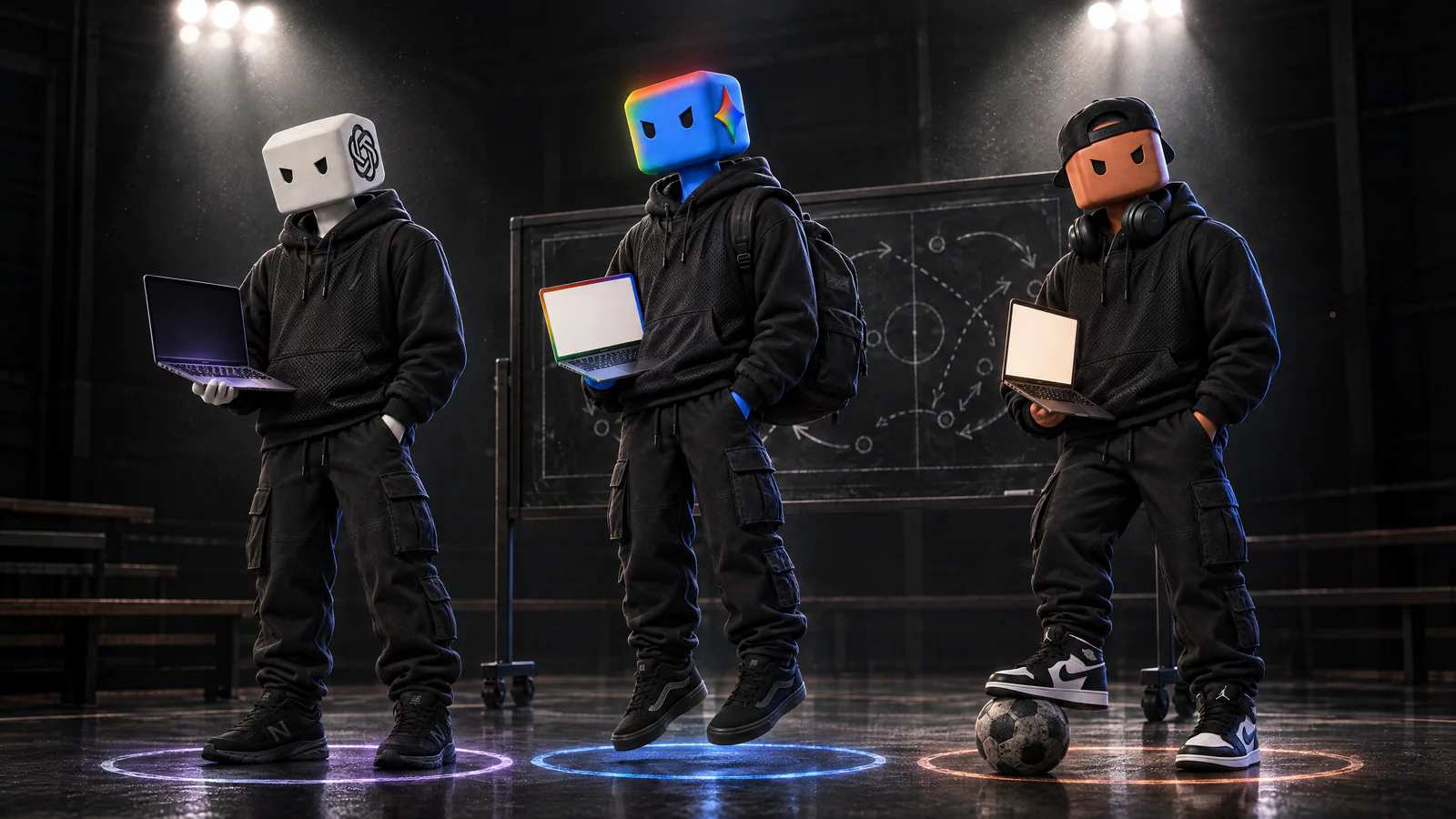 Numa quadra à noite, três jogadores lado a lado: os personagens do Codex, do Antigravity e do Claude Code, este com o pé na bola.