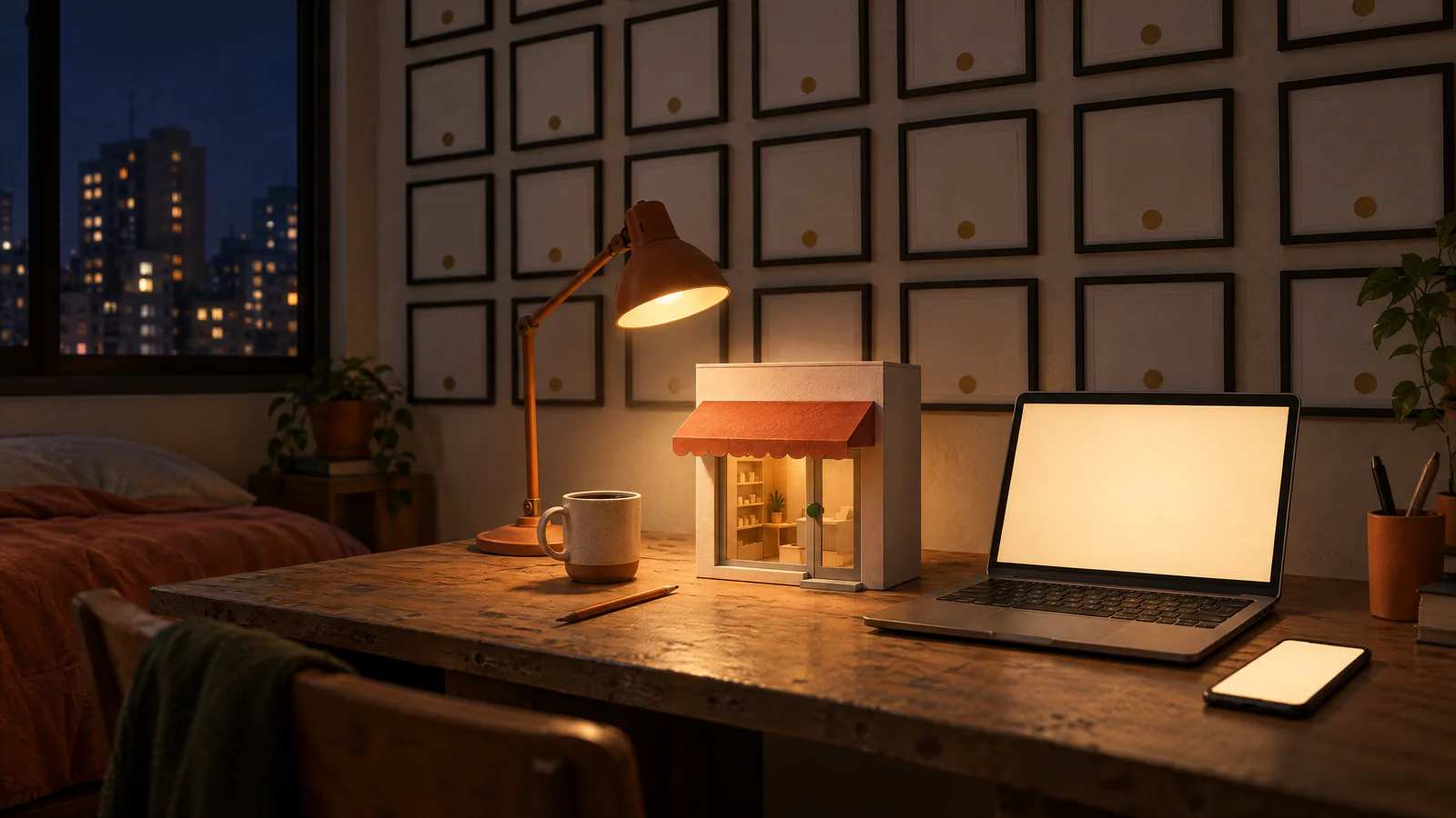 Uma parede de certificados iguais em moldura e, embaixo, sob a luminária, a maquete de papel de uma loja ao lado do notebook.