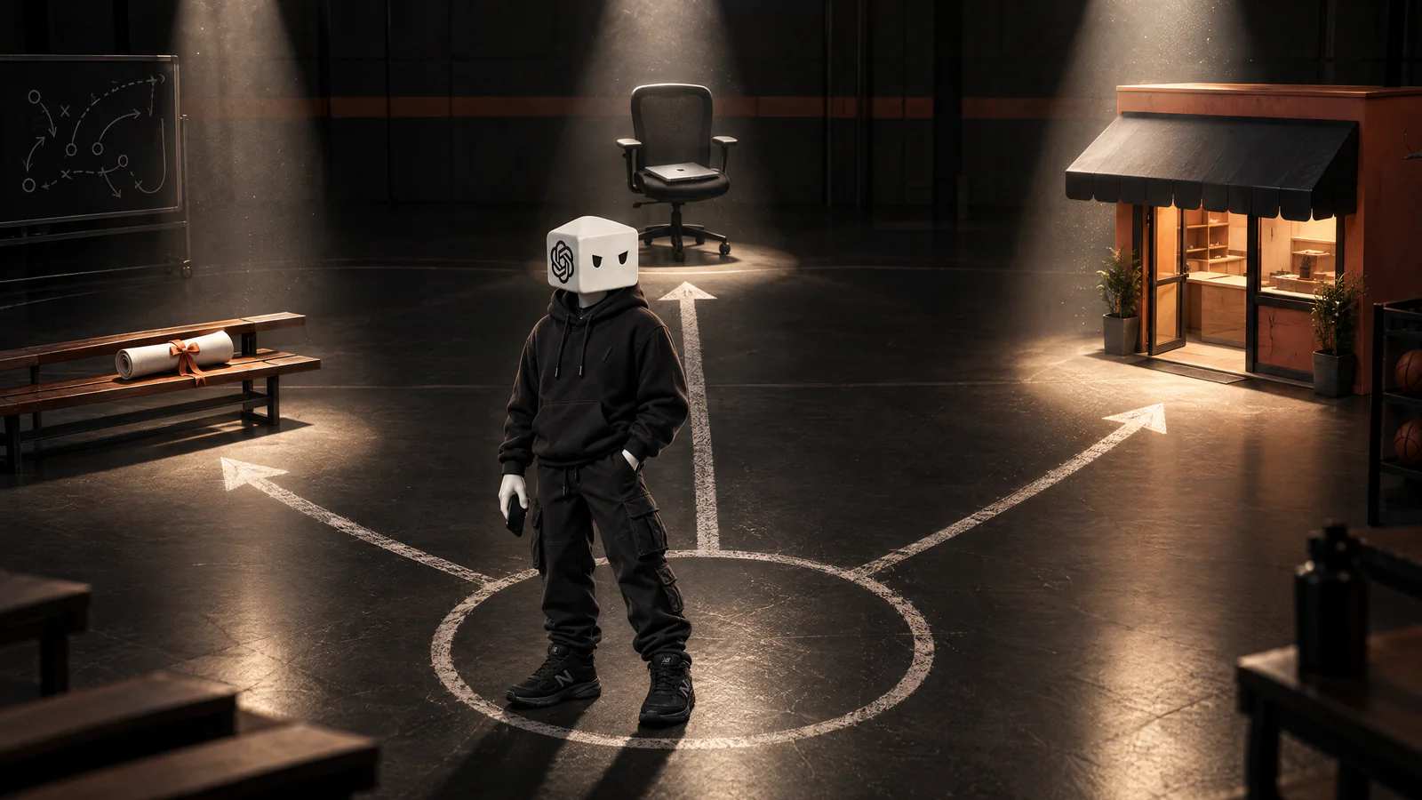 No círculo central da quadra, o personagem do ChatGPT e três setas de giz até um diploma, uma cadeira de escritório e uma lojinha acesa.