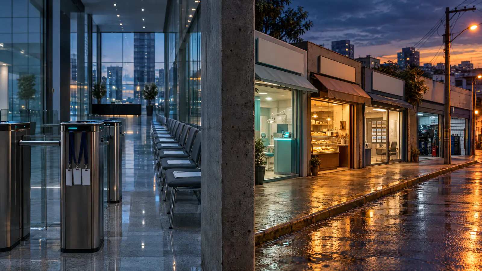 De um lado, o saguão de vidro de uma torre com catraca e fila de currículos; do outro, a rua de comércios pequenos de portas abertas.