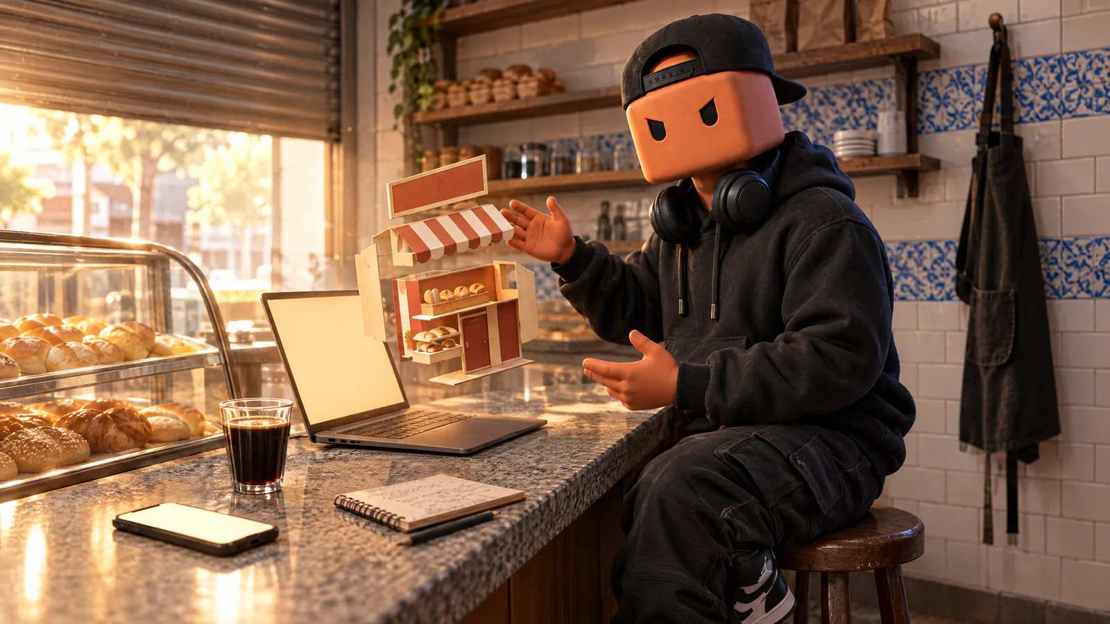 No balcão de uma padaria, o Claudinho explica o negócio enquanto a maquete de papel da padaria se monta sobre o notebook.