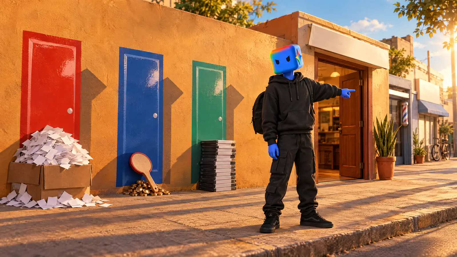 Três portas falsas pintadas num muro, com uma caixa de papéis, uma raquete e DVDs no chão, e o personagem do Gemini apontando a porta de verdade.
