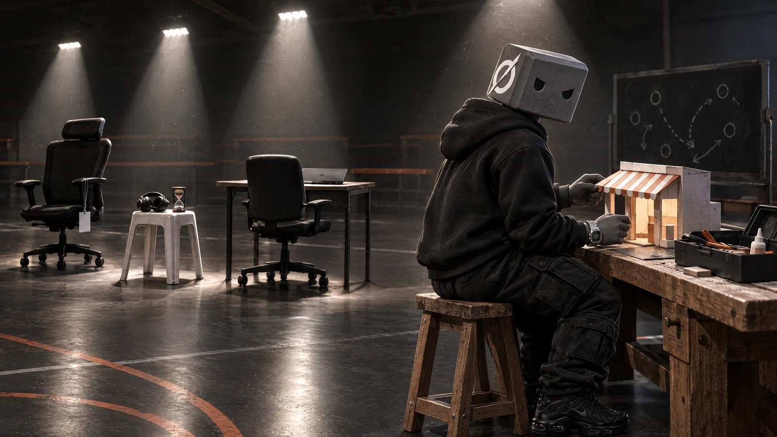 Quatro cadeiras sob refletores na quadra; na última, numa bancada, o personagem do Grok monta a maquete de uma lojinha.