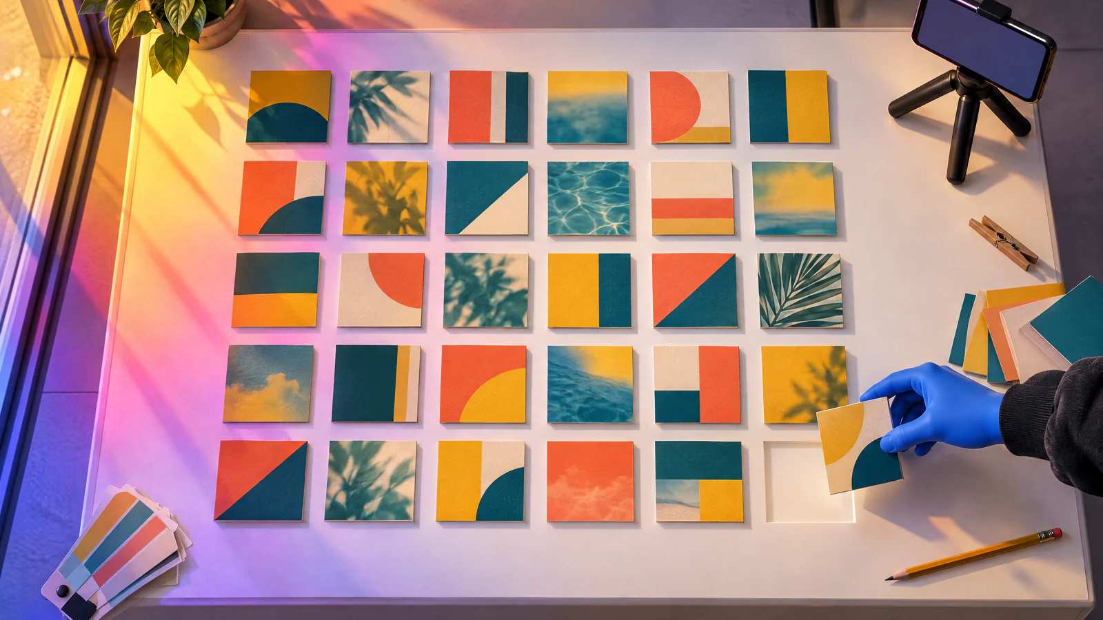 Trinta cards na mesma paleta, em grade de calendário numa mesa de luz, e a mão azul do personagem do Gemini pondo o último.