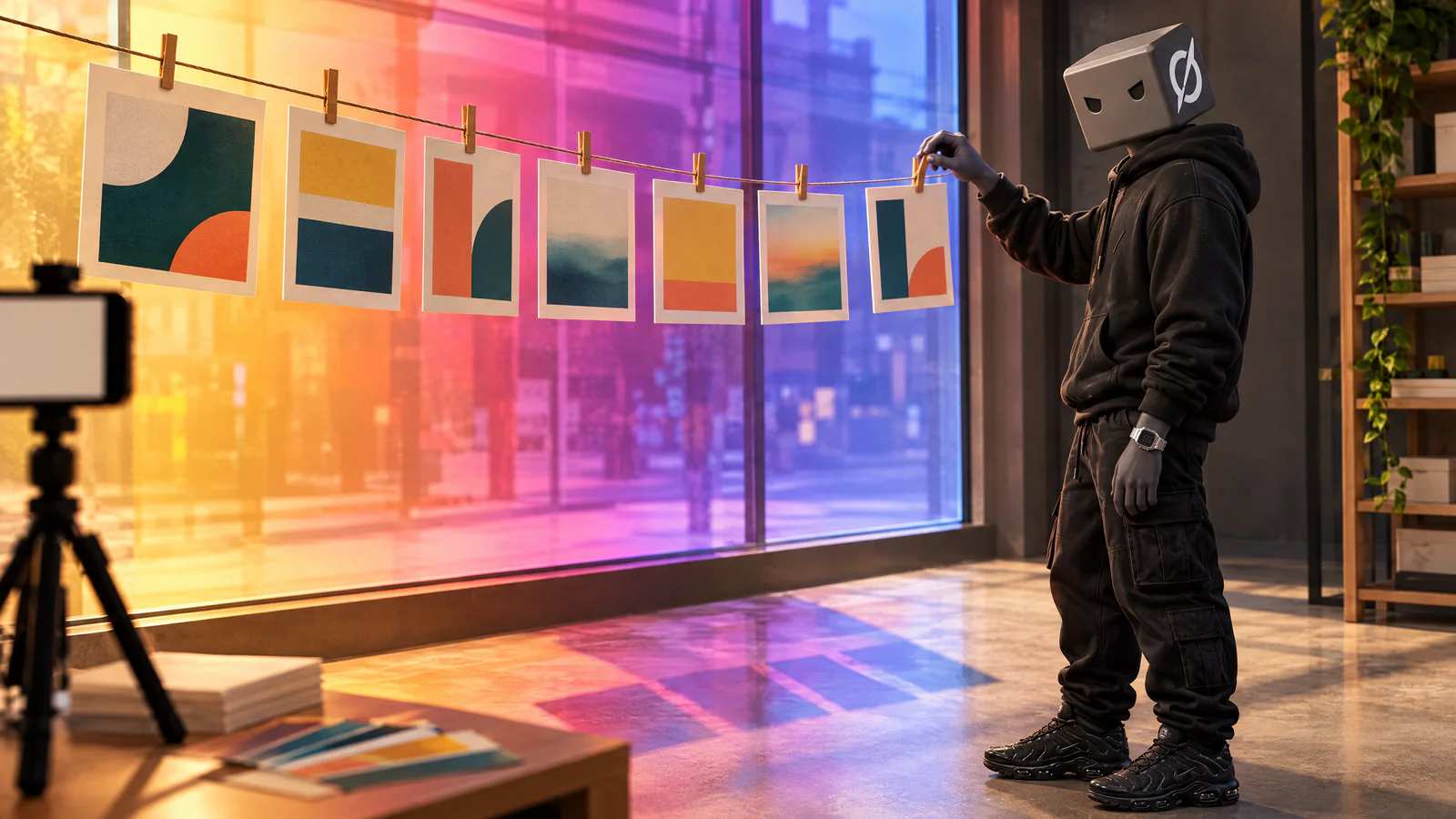 Na vitrine, o personagem do Grok prende o último card de um carrossel no varal, na luz do degradê do Instagram.