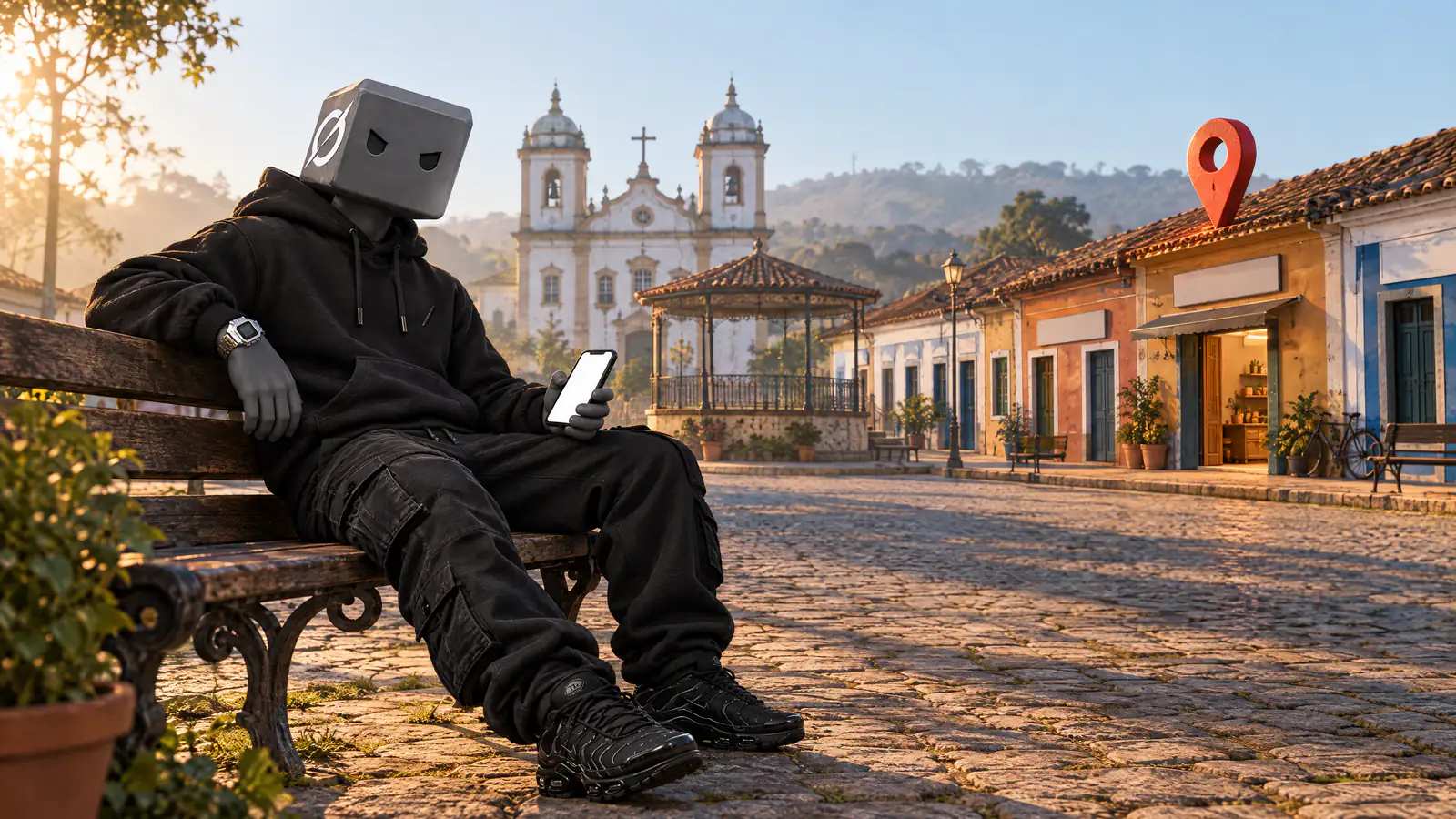 Na praça de uma cidade histórica do interior, de manhã, só uma loja tem o pino do mapa no telhado; o personagem de cubo cinza olha o celular.
