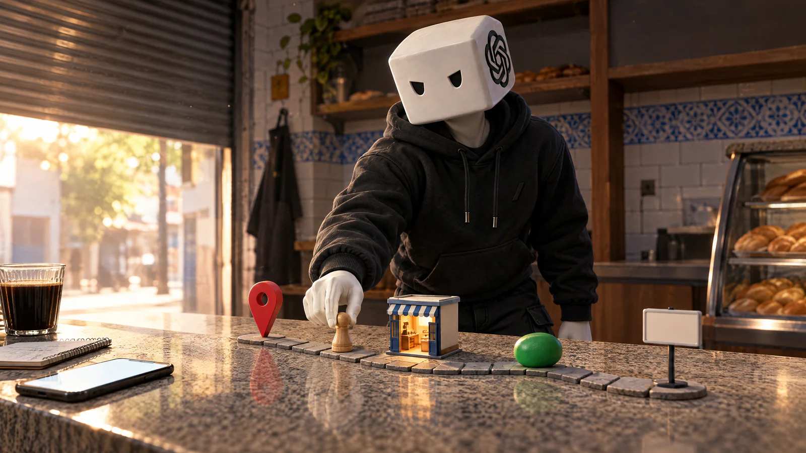 Num tabuleiro no balcão, o personagem de cubo branco avança o peão do pino do mapa pra lojinha; depois vêm a pedra do WhatsApp e o anúncio.