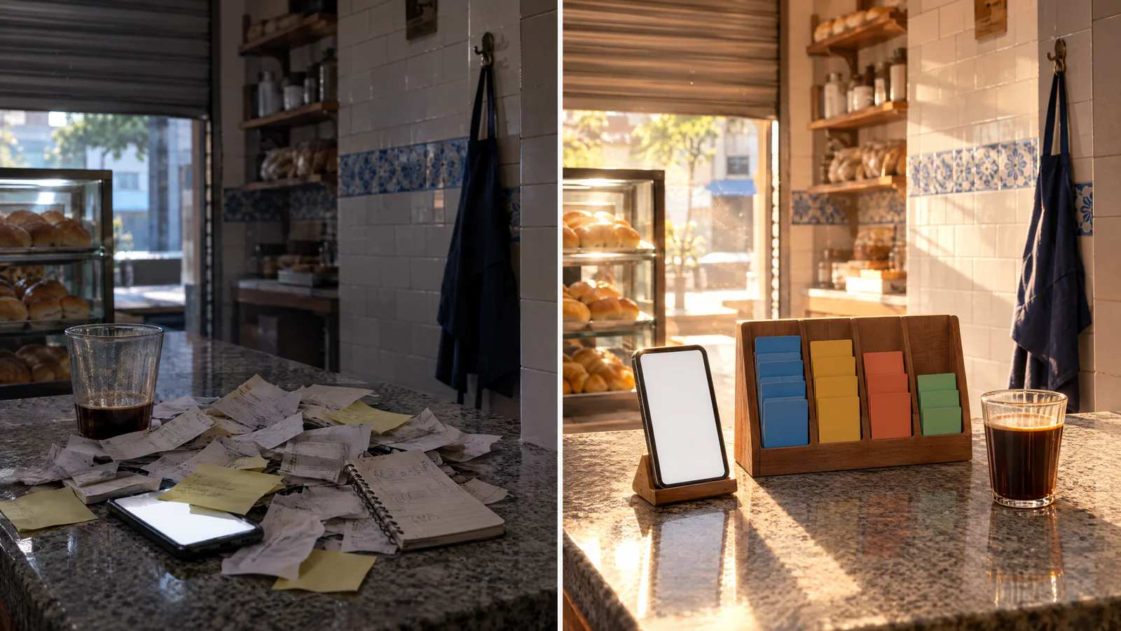 O mesmo balcão duas vezes: à esquerda, o celular soterrado de bilhetes; à direita, o celular em pé ao lado de um quadro de cartões em colunas.