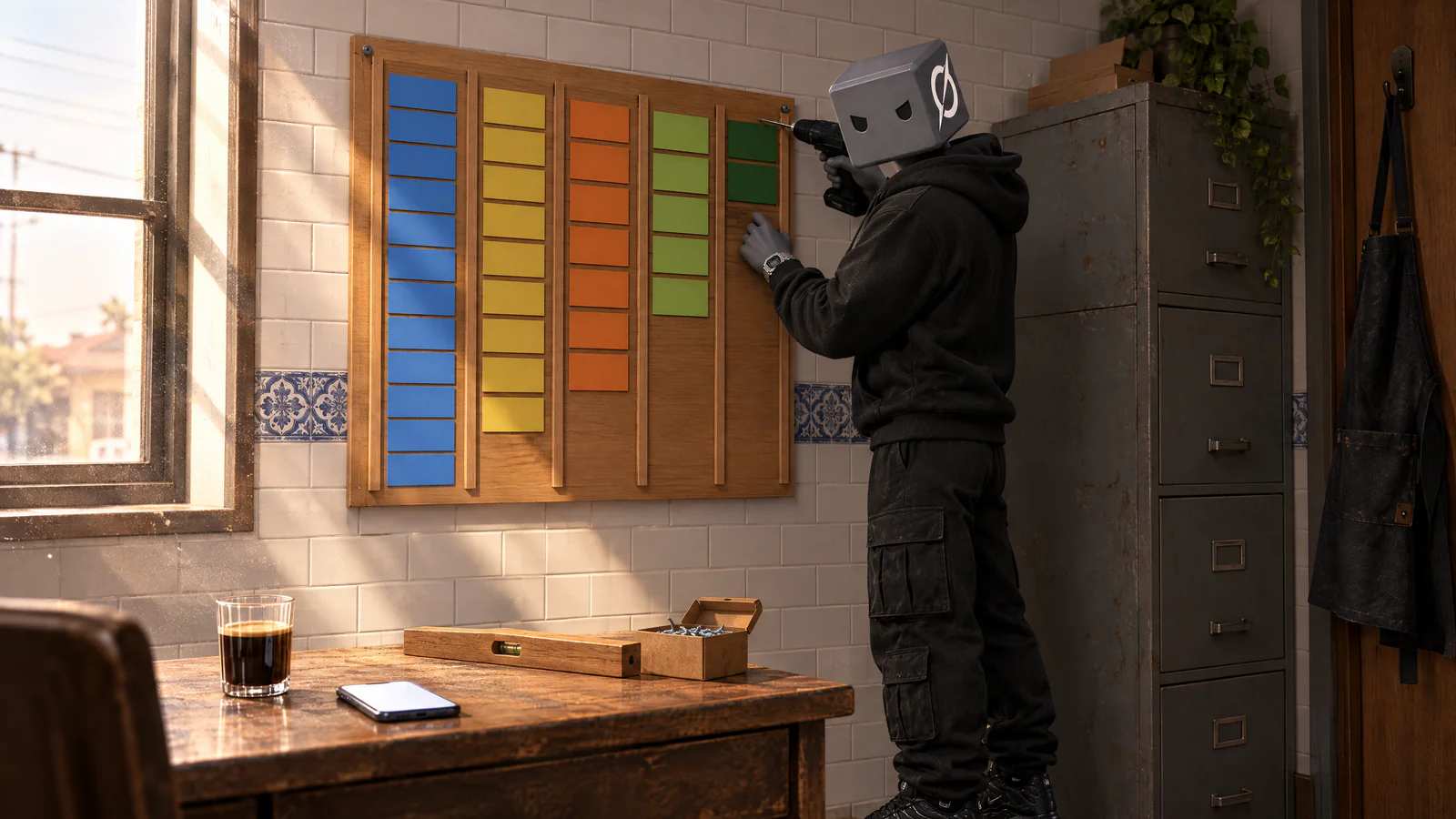 No escritório dos fundos, o personagem do Grok parafusa na parede um quadro de cartões em colunas, feito sob medida pro espaço.