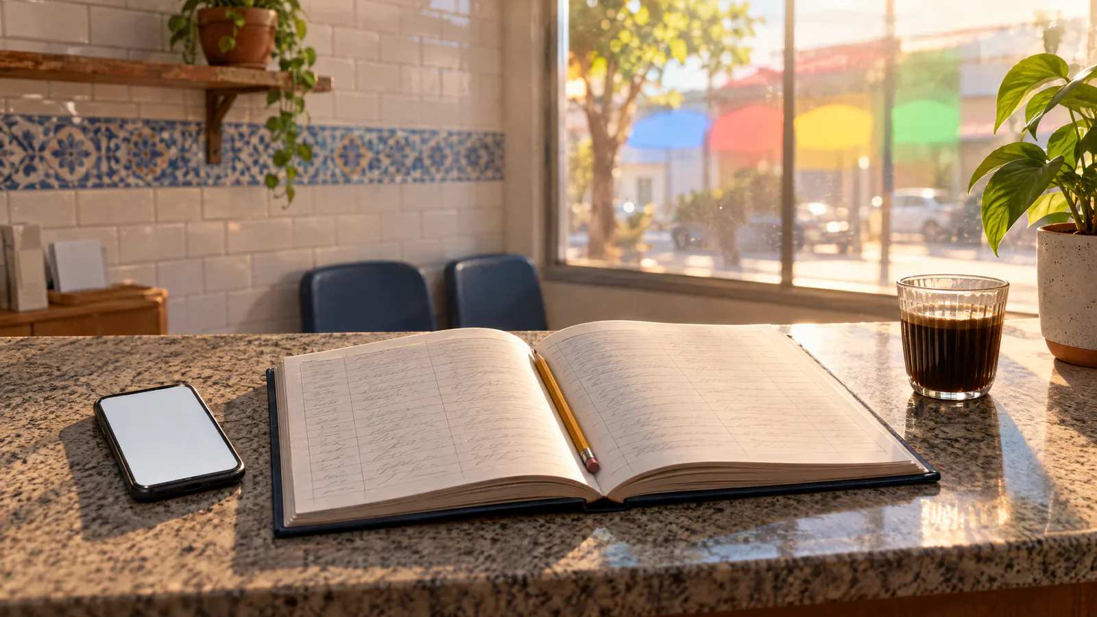 No balcão da recepção de uma clínica, de manhã, a agenda aberta com todas as linhas preenchidas ao lado do celular aceso.