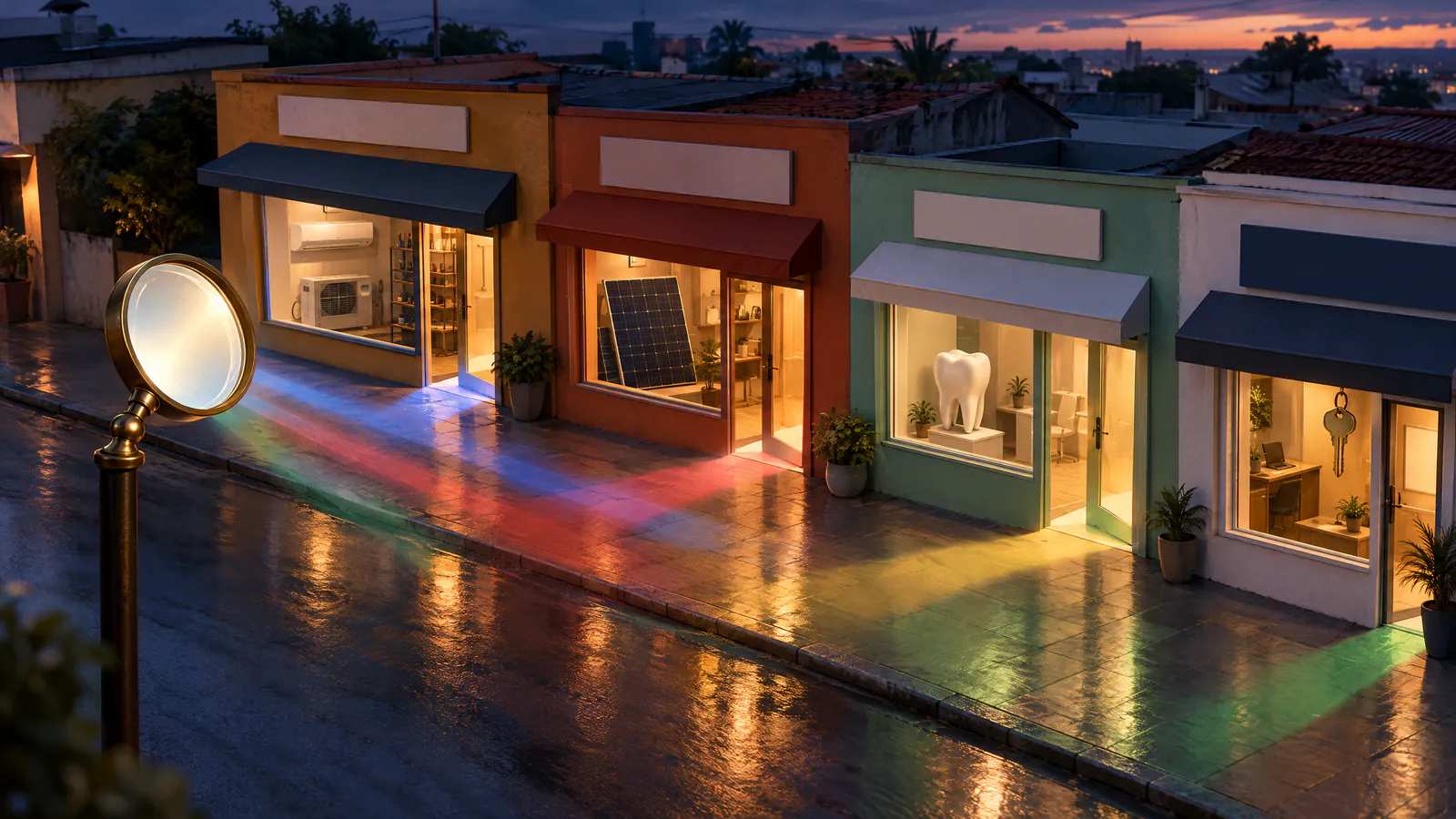Uma lupa gigante na calçada solta quatro feixes nas cores do Google, e cada um entra na loja certa: ar-condicionado, solar, dentista e imóveis.