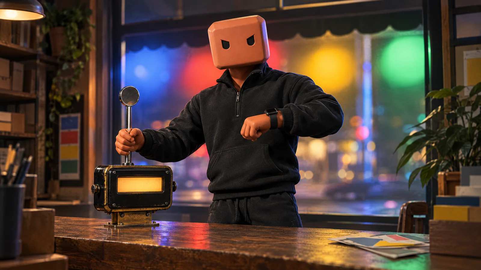 O personagem de cubo terracota segura a bandeira de um taxímetro no balcão e confere o relógio, na luz das cores do Google que vem da rua.