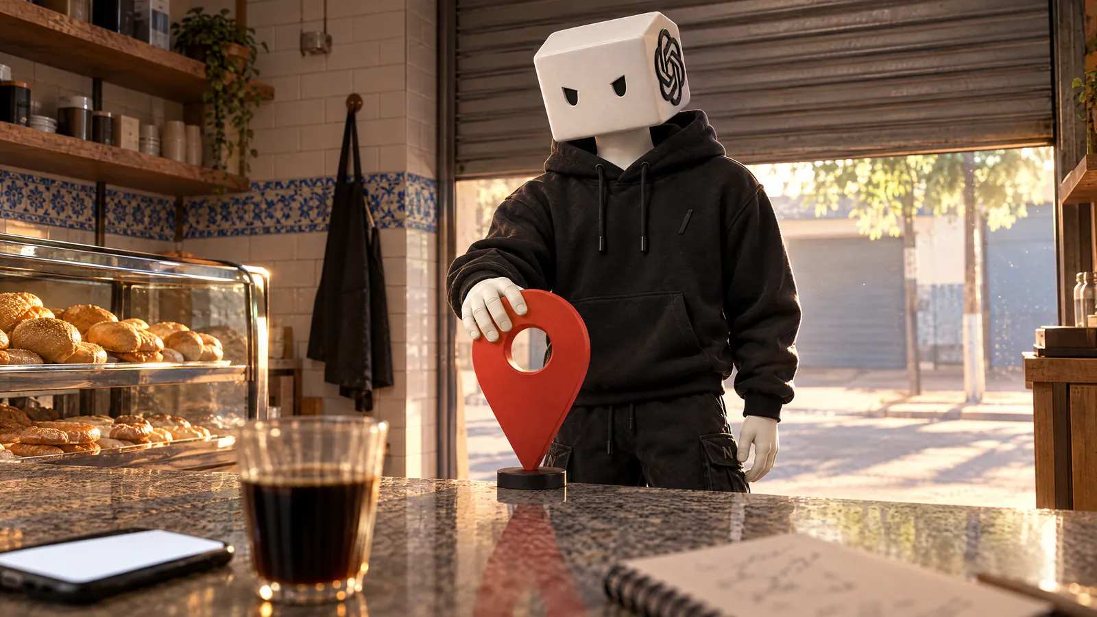 Do lugar do dono, atrás do balcão da padaria, o personagem de cubo branco põe um pino de mapa vermelho no balcão.