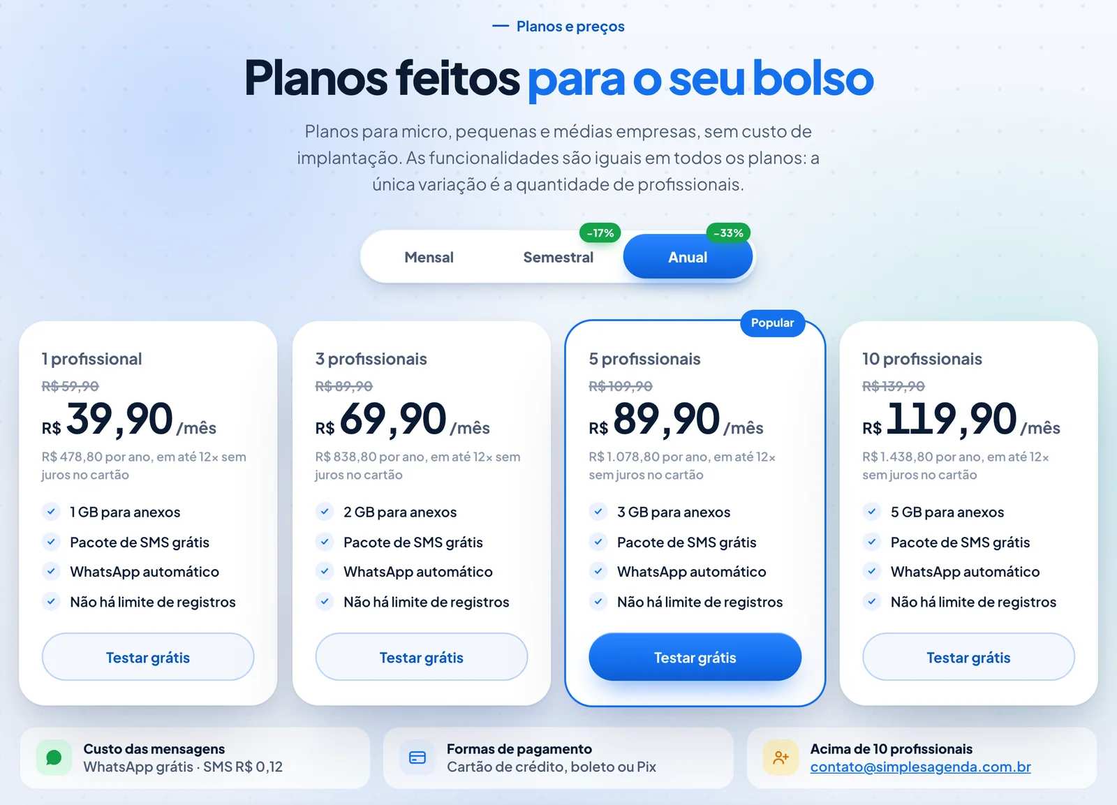 A tabela de planos de um sistema de agenda pronto, o Simples Agenda, no plano anual: R$ 39,90 por mês pra 1 profissional, R$ 69,90 pra 3, R$ 89,90 pra 5 e R$ 119,90 pra 10, com a frase “a única variação é a quantidade de profissionais”.