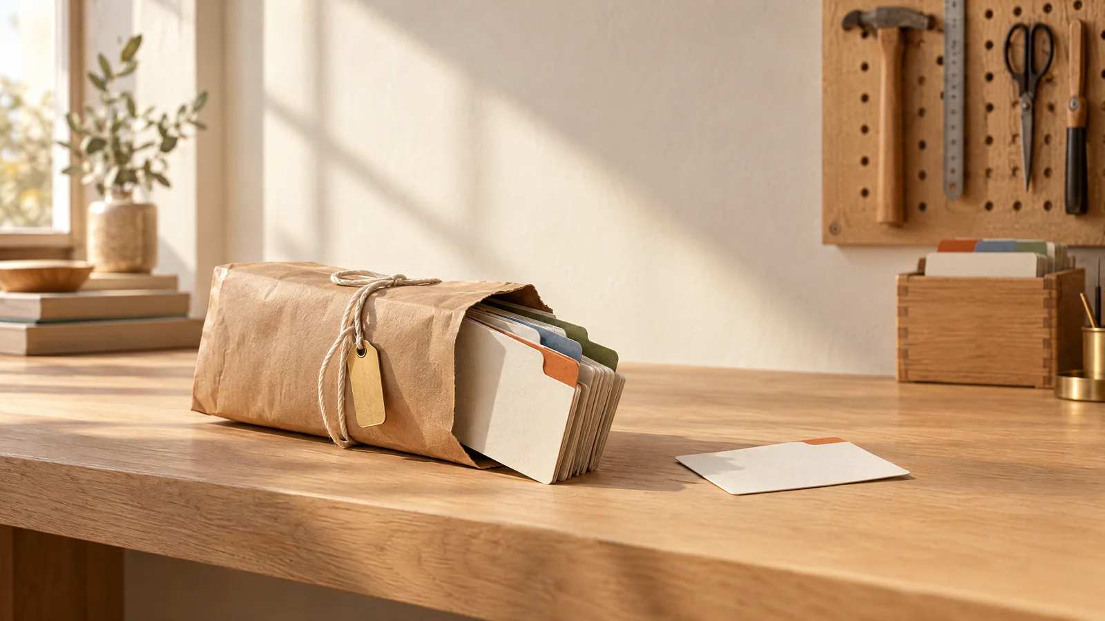 Um pacote de papel kraft amarrado com barbante, aberto numa ponta, solta um maço de fichas de abas coloridas; uma ficha sozinha fica ao lado.