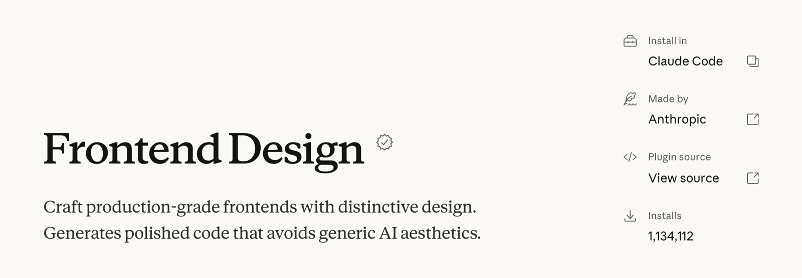 A página do plugin Frontend Design no catálogo do Claude, com a descrição, o botão de instalar no Claude Code, a Anthropic como autora e 1.134.112 instalações