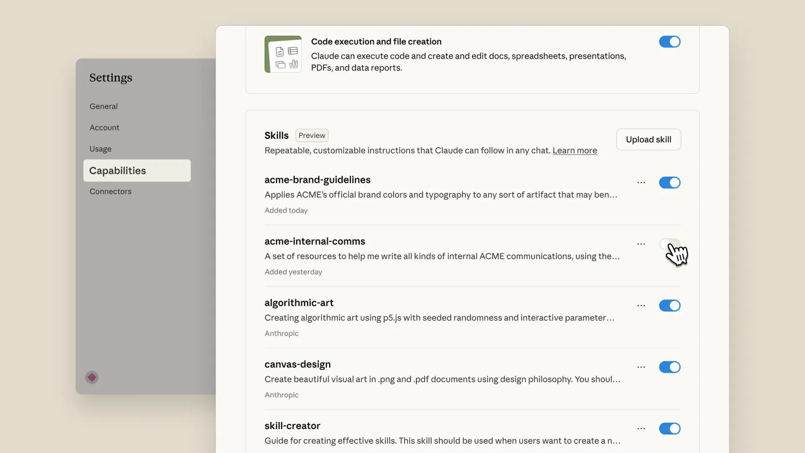 Tela de configurações do claude.ai com a execução de código ligada e a lista de skills, cada uma com a chavinha de ligar e o botão de subir uma skill
