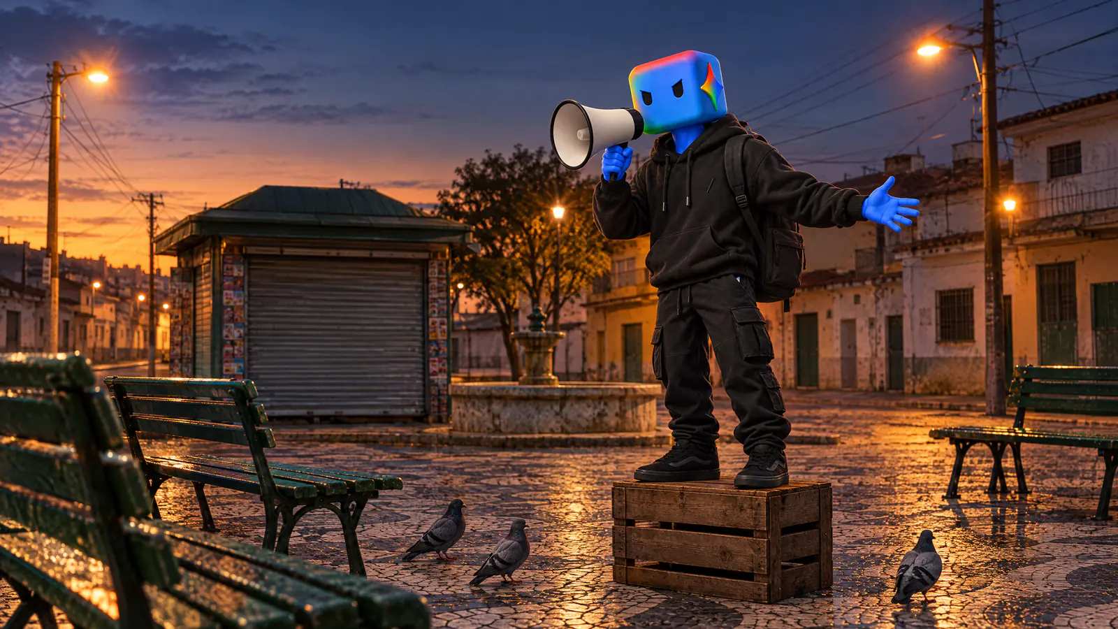 Numa praça vazia de madrugada, o personagem do Gemini, em cima de um caixote, fala no megafone pra bancos vazios e três pombos.