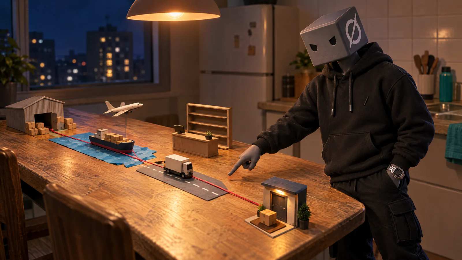 Na mesa da cozinha, uma maquete leva caixas do armazém ao navio, ao avião, ao caminhão e à porta, e o personagem do Grok só aponta.