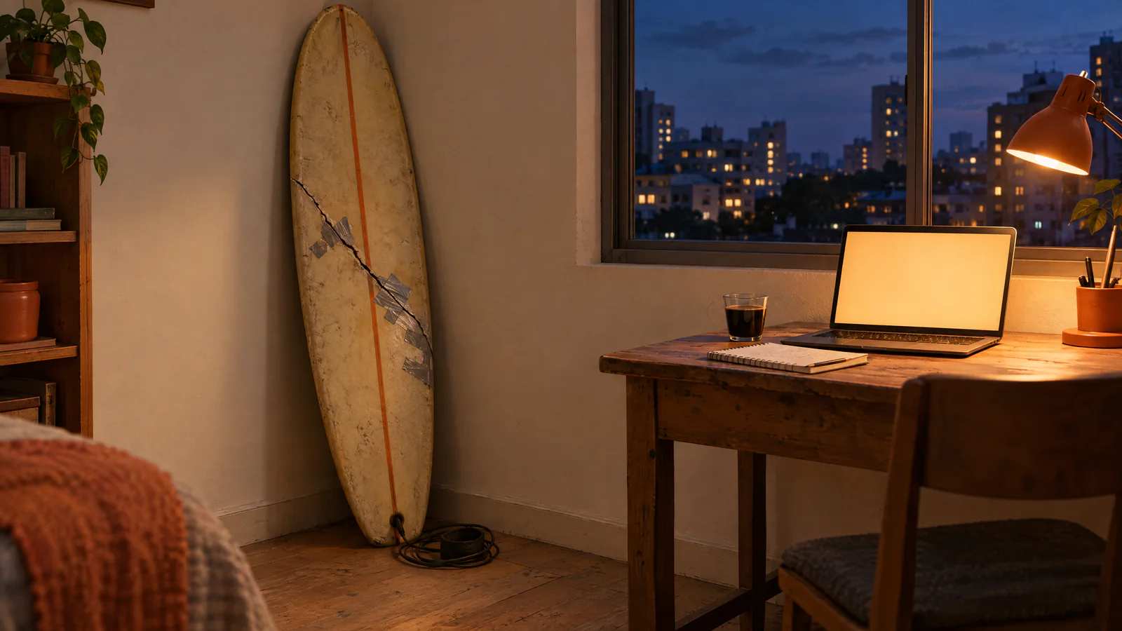 Uma prancha de surfe velha, rachada e remendada com fita, encostada na parede ao lado da escrivaninha com o notebook aberto.