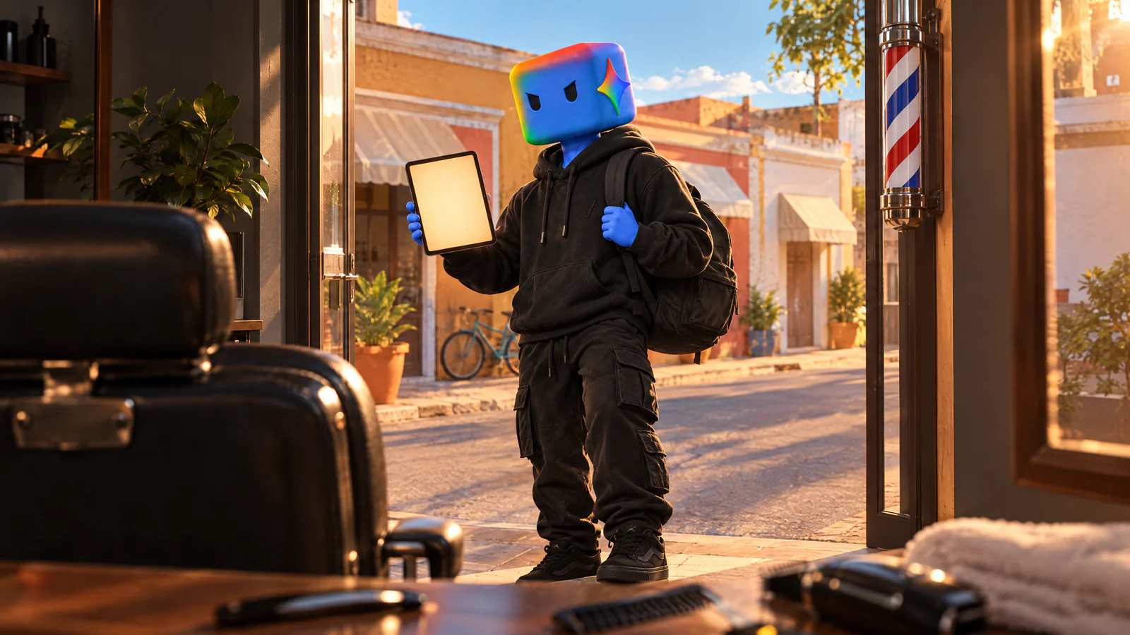De dentro da barbearia, atrás da cadeira, o personagem do Gemini chega na porta mostrando o tablet com o site pronto.