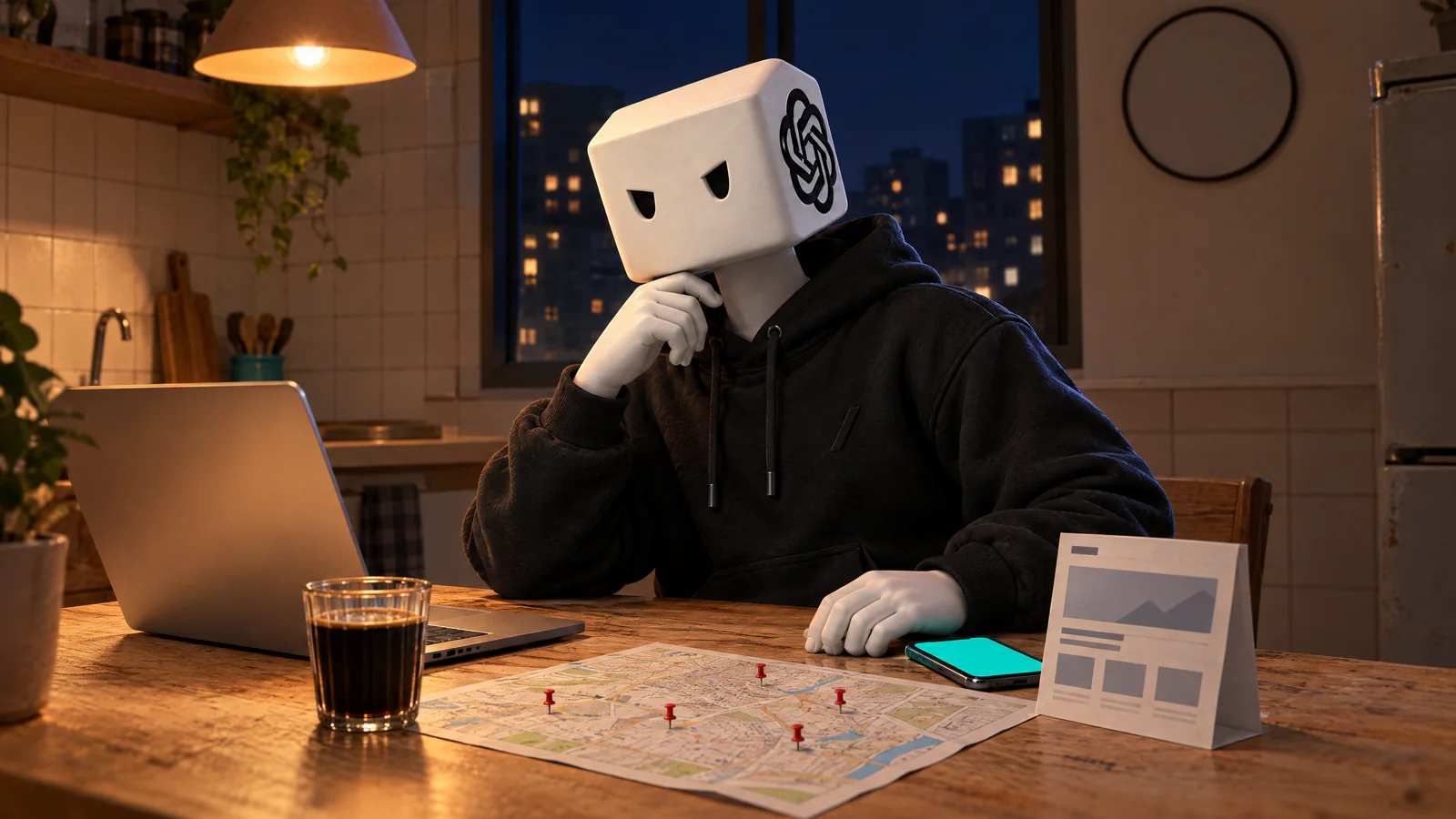 À noite, na mesa da cozinha, o personagem de cabeça em cubo branco com o mapa do bairro cheio de alfinetes, a prévia do site pronta e o celular aceso.