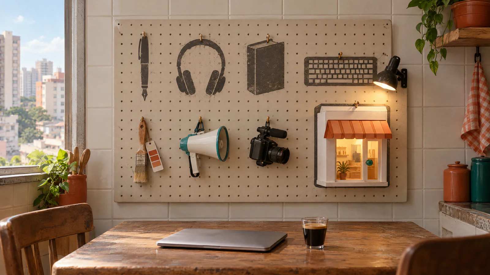Um painel de ferramentas com oito lugares: quatro só com o contorno vazio e, iluminada, a lojinha de papel do kit de fazer site.