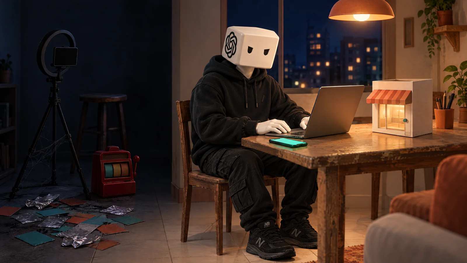 Num canto escuro, um ring light com teia de aranha e raspadinhas no chão; na mesa iluminada, o personagem do ChatGPT trabalha no notebook.