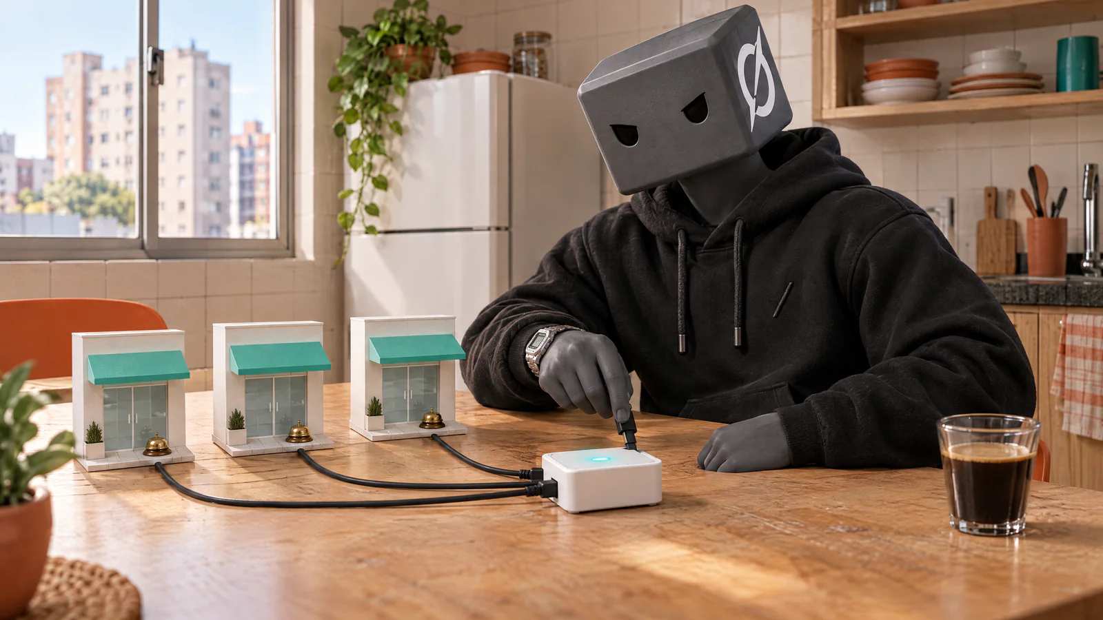 Na mesa da cozinha, o personagem do Grok liga três clínicas de papel iguais, cada uma com o mesmo sininho, a uma caixinha só.