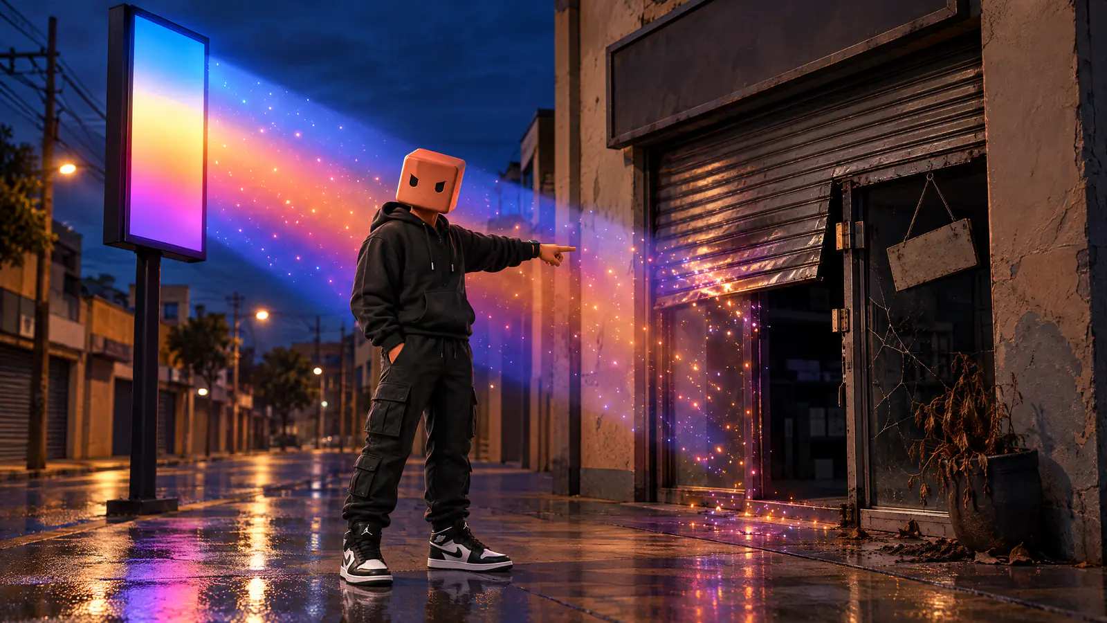 Um painel de anúncio joga um facho de luz colorida numa loja de porta quebrada e meio fechada, e o Claudinho aponta a porta.