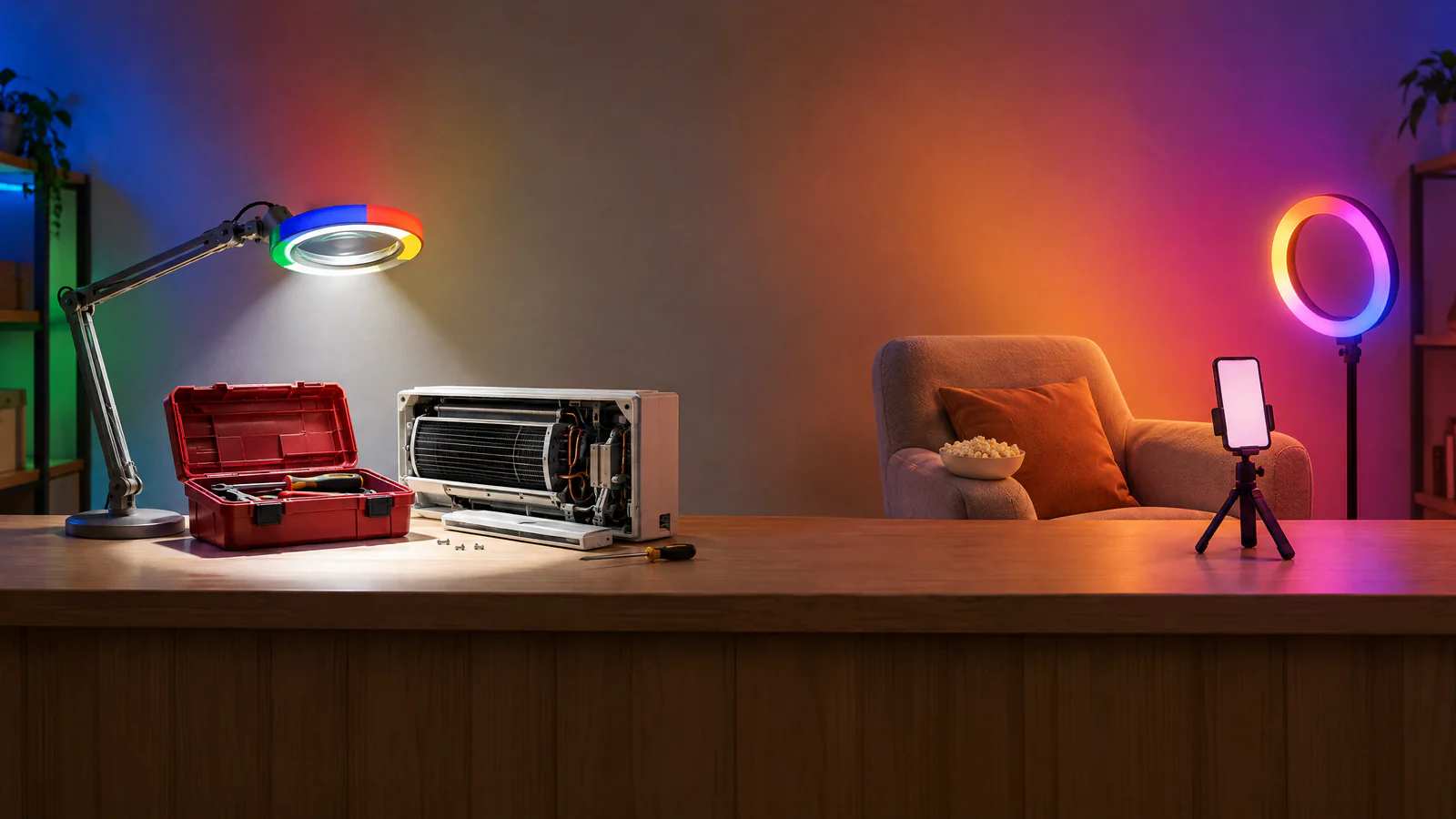 O mesmo balcão em duas luzes: a lupa nas cores do Google sobre um ar-condicionado aberto e o ring light sobre uma poltrona com pipoca.