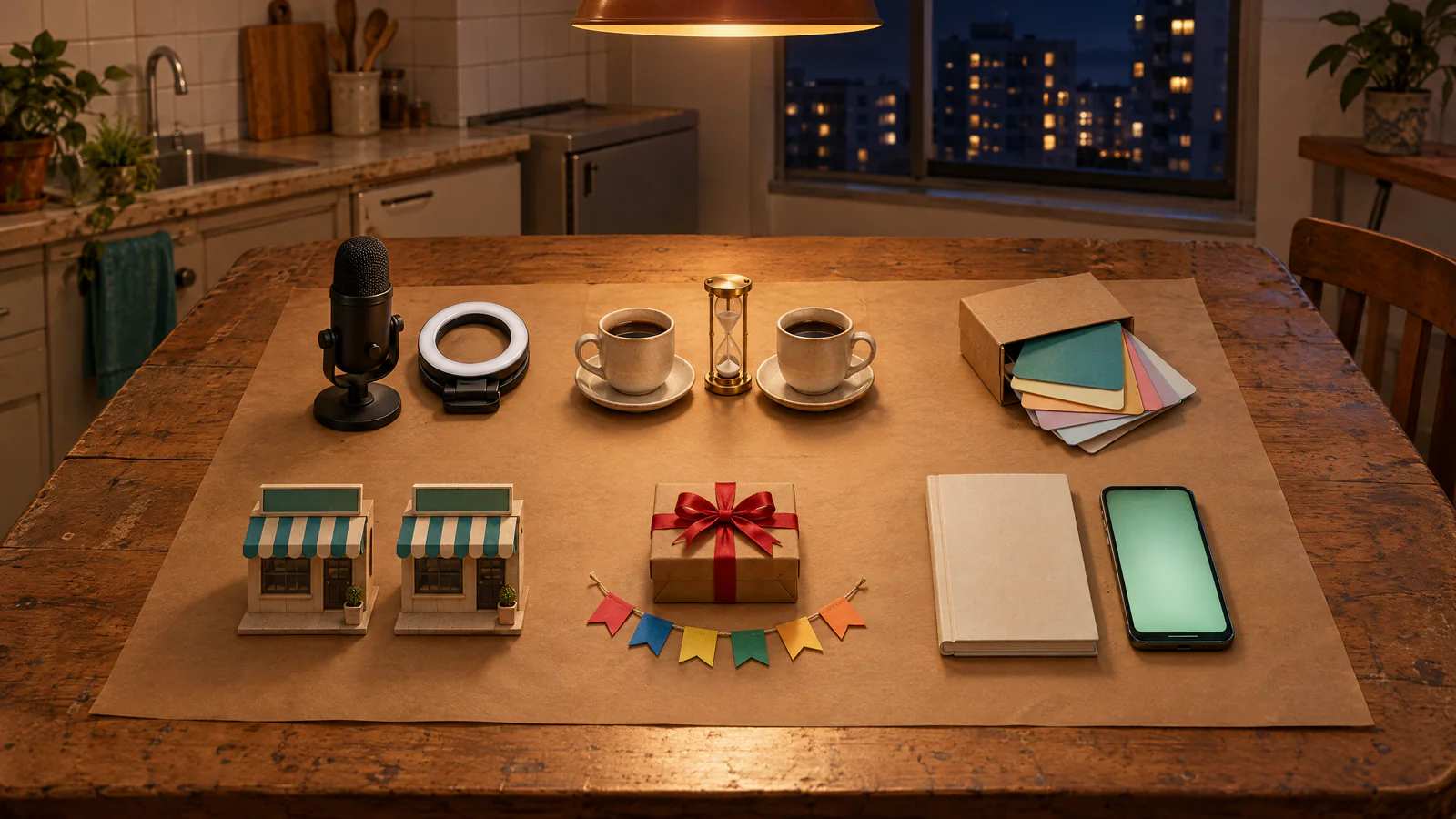 Seis formatos na mesa: microfone e ring light, duas xícaras com ampulheta, caixa de modelos, duas lojinhas iguais, presente e livreto.