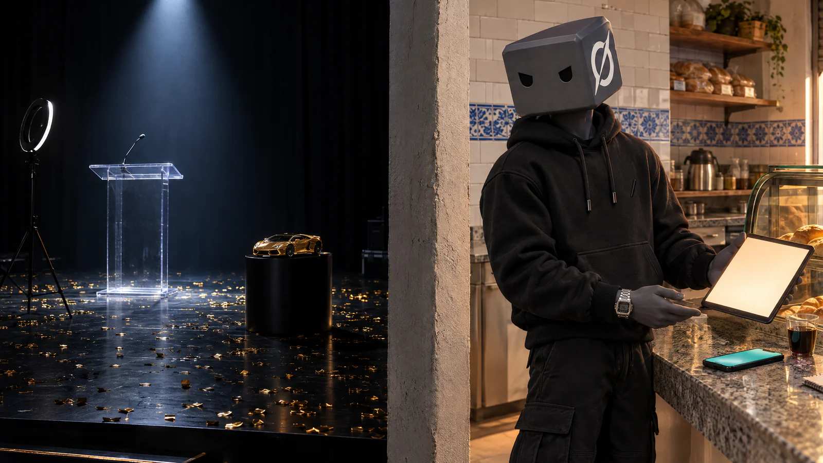De um lado, um palco vazio de guru com confete dourado e carrinho esportivo; do outro, o personagem do Grok atende uma padaria.